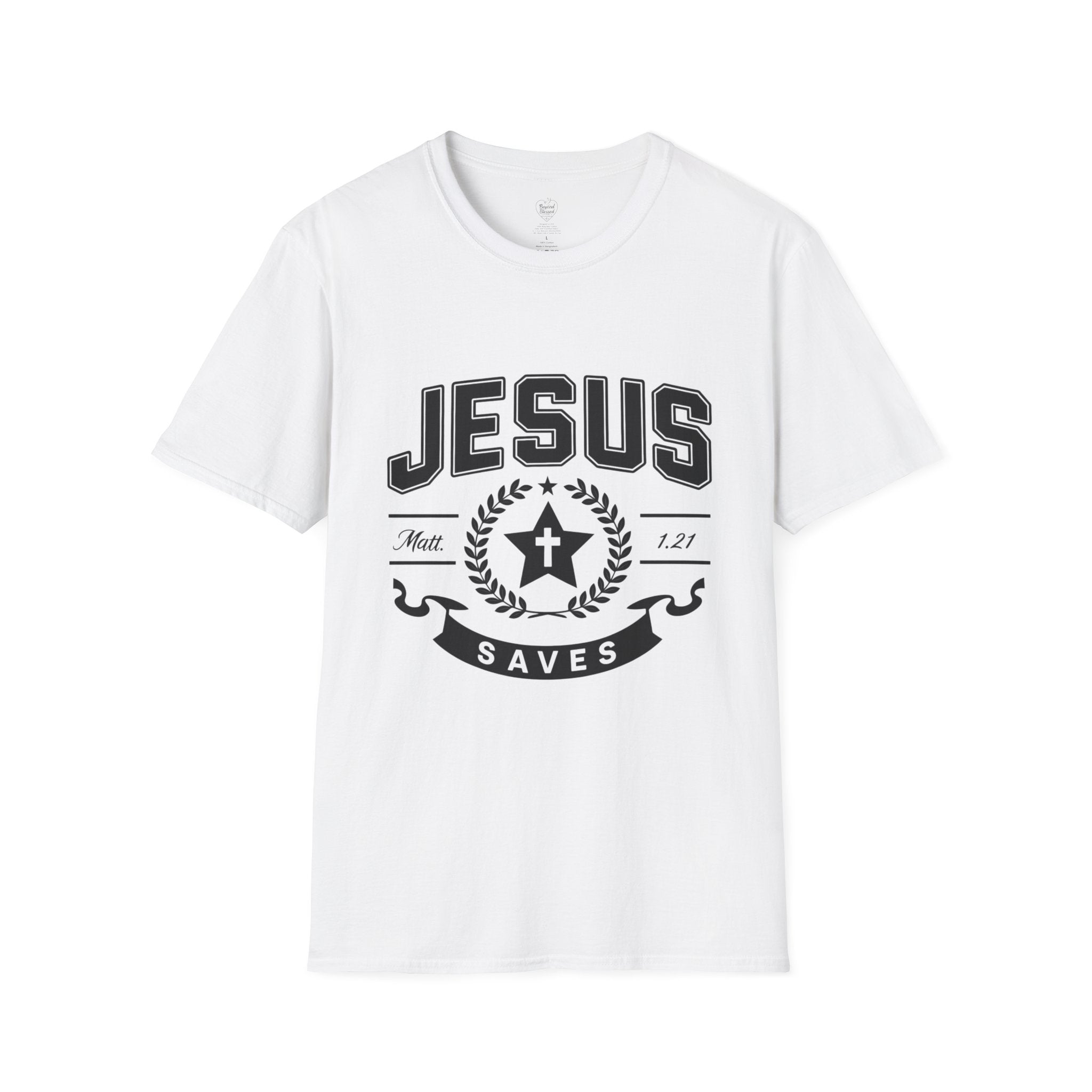 Jesus Saves Matthew 1:21 T-Shirt — Star & Cross Christian Tee White