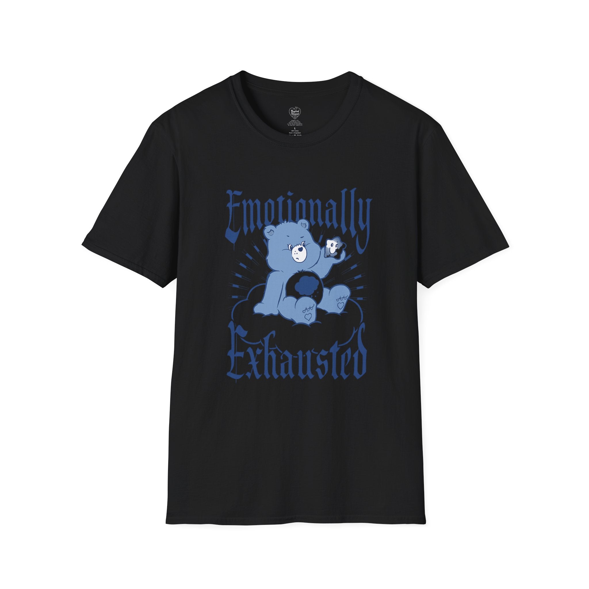 Emotionally Exhausted T-Shirt — Cute Blue Bear Graphic Tee Black