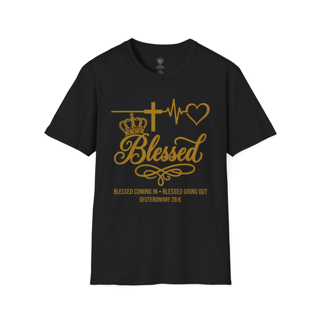 Deuteronomy 28:6 Christian T-Shirt — 'Blessed Going In & Going Out' Black