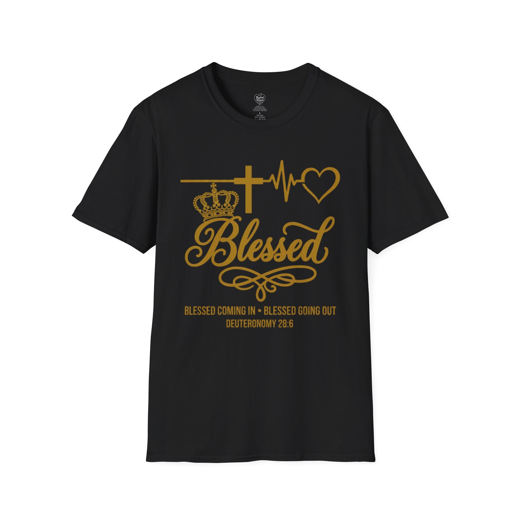 Deuteronomy 28:6 Christian T-Shirt — 'Blessed Going In & Going Out' Black