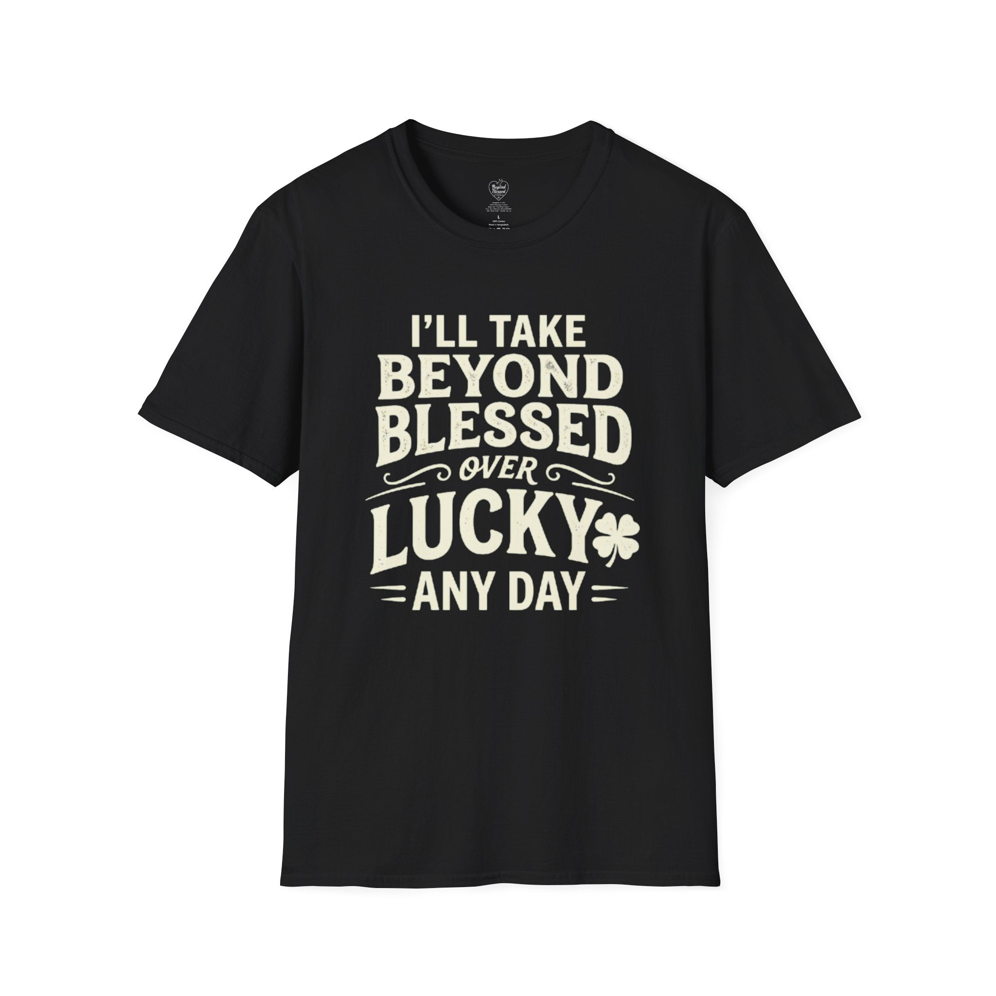 Black t-shirt with a white circular design featuring text and graphics on a white background