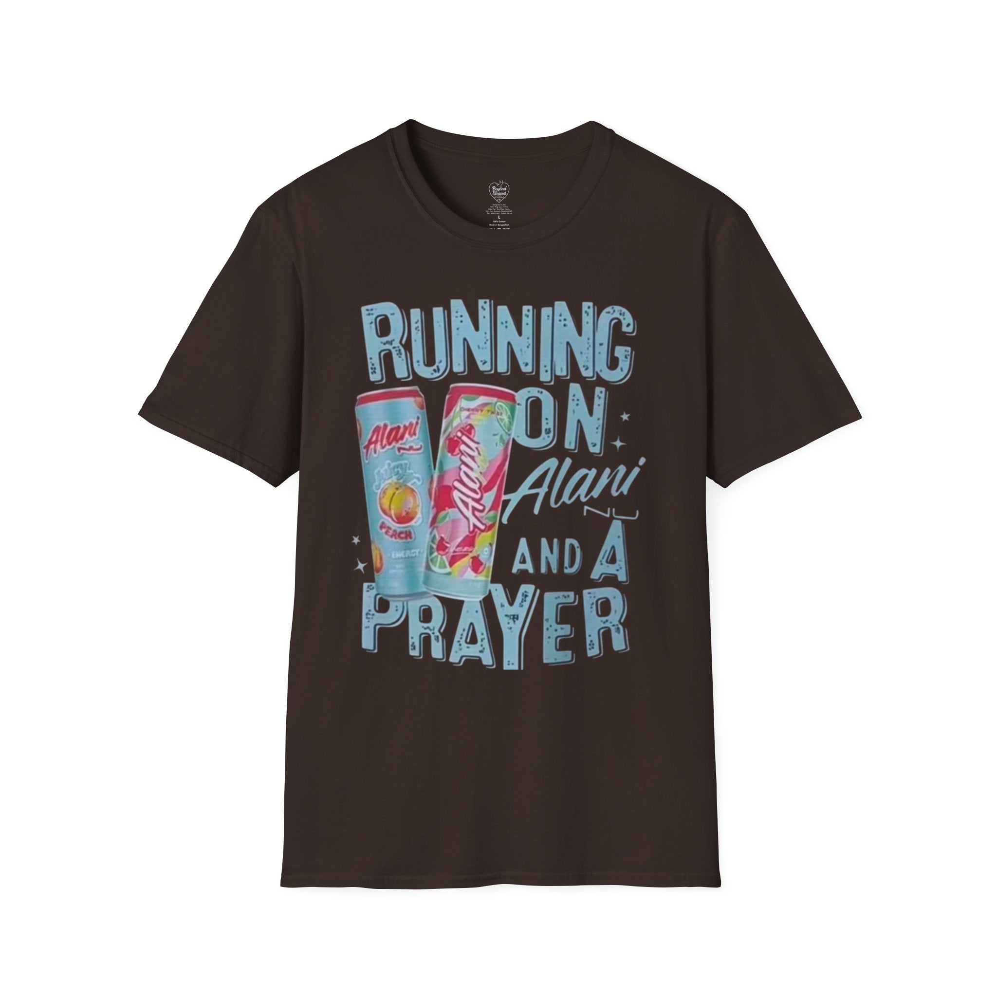 Christian T-Shirt — "Running on an Alani and a Prayer" Dark Chocolate