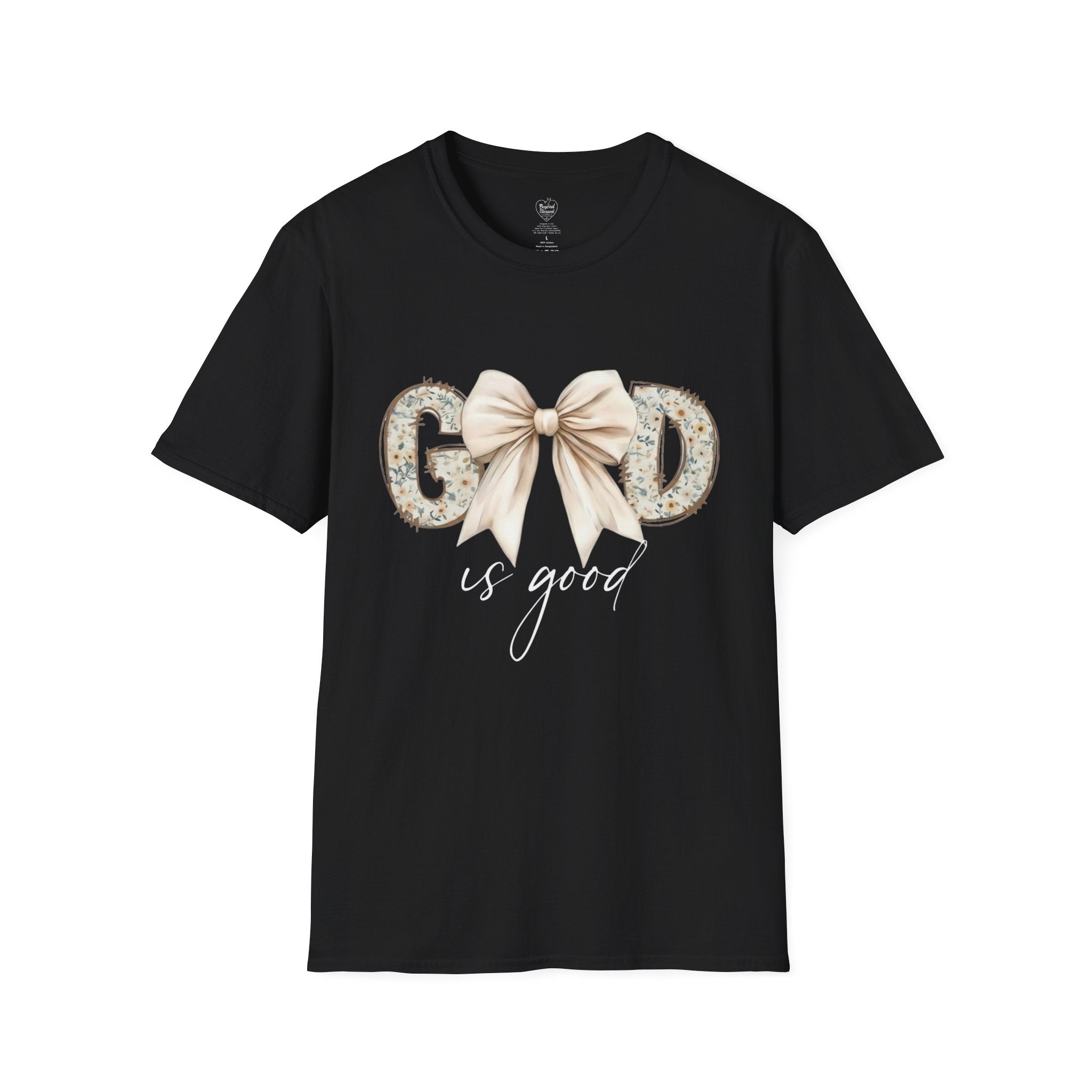 God Is Good Christian T‑Shirt – Floral Bow Faith Tee for Women Black