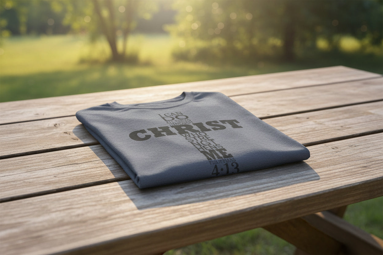Cross Christian T‑Shirt – I Can Do All Things Through Christ Tee Heather Navy