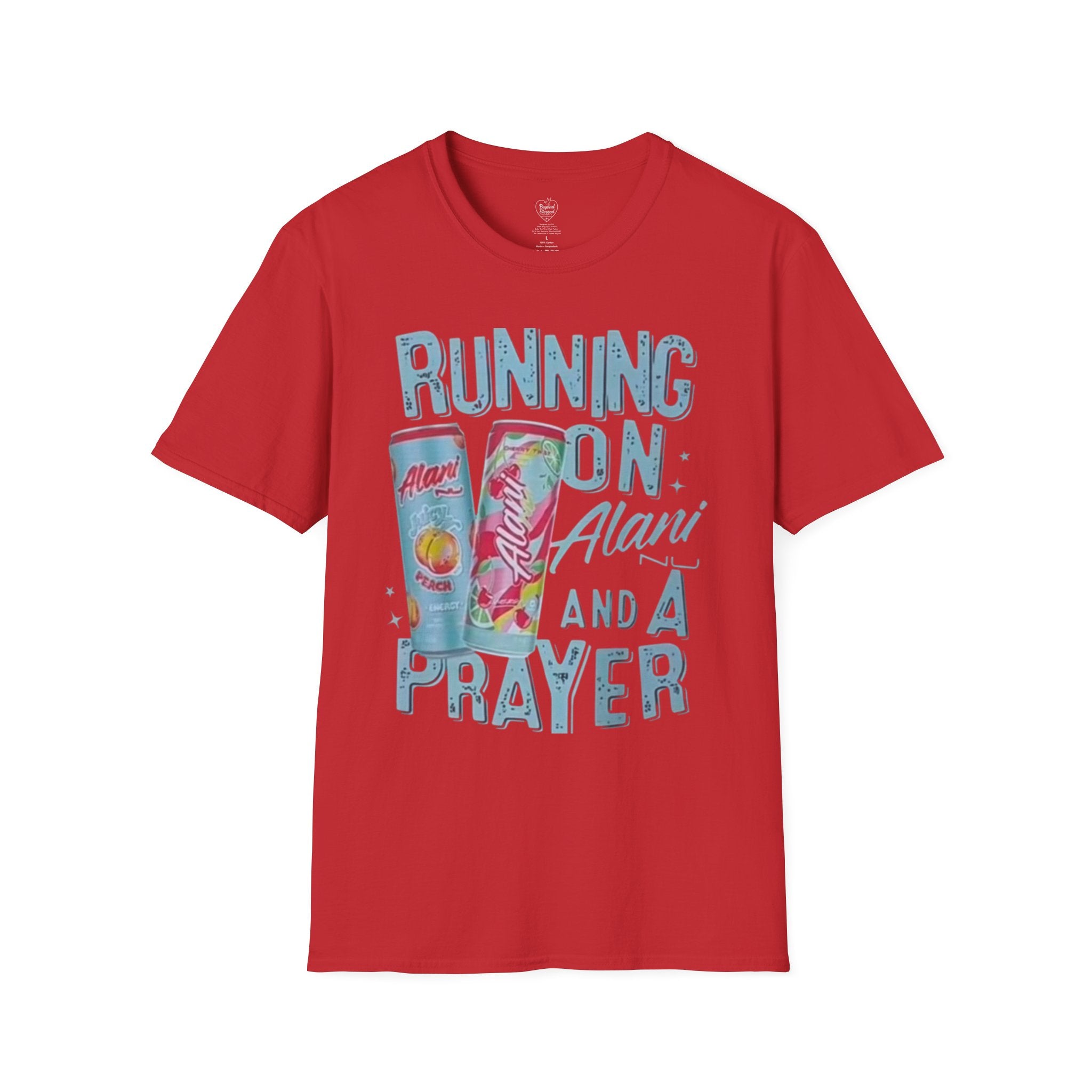 Christian T-Shirt — "Running on an Alani and a Prayer" Red