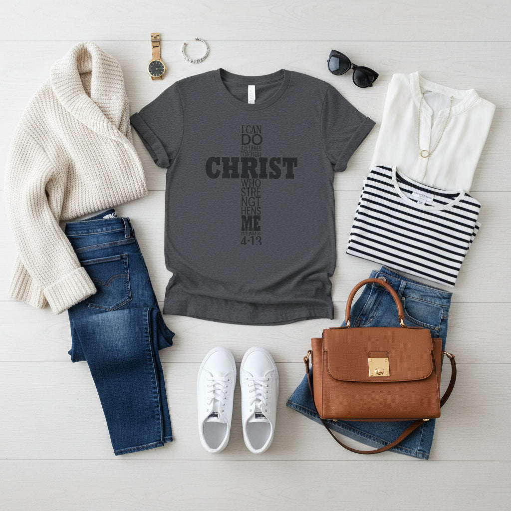 Cross Christian T‑Shirt – I Can Do All Things Through Christ Tee Dark Heather