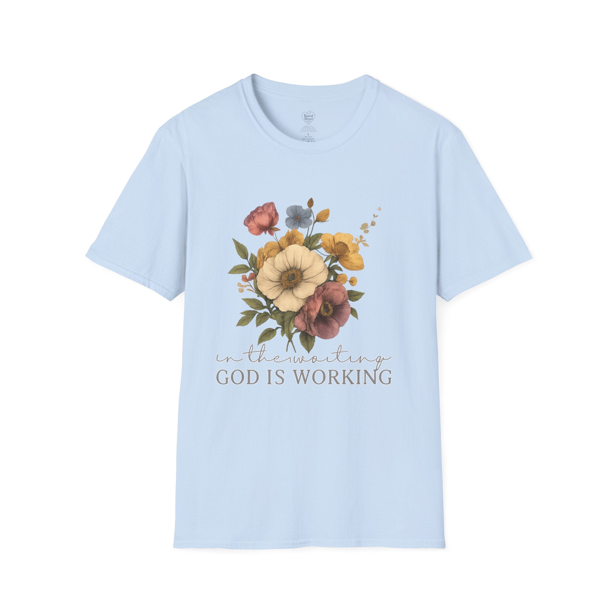Christian T-Shirt — In the Waiting: God Is Working Light Blue