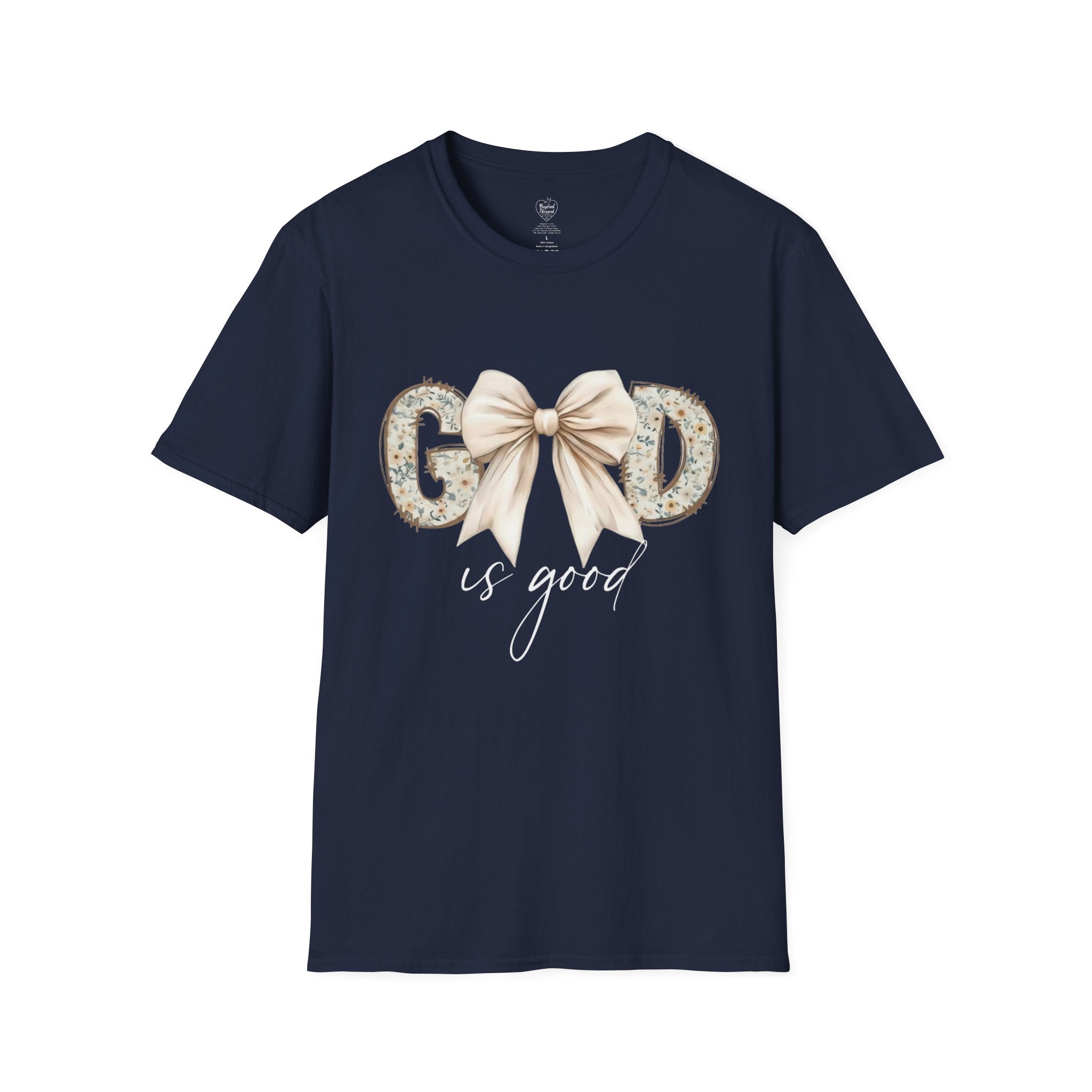 God Is Good Christian T‑Shirt – Floral Bow Faith Tee for Women Navy