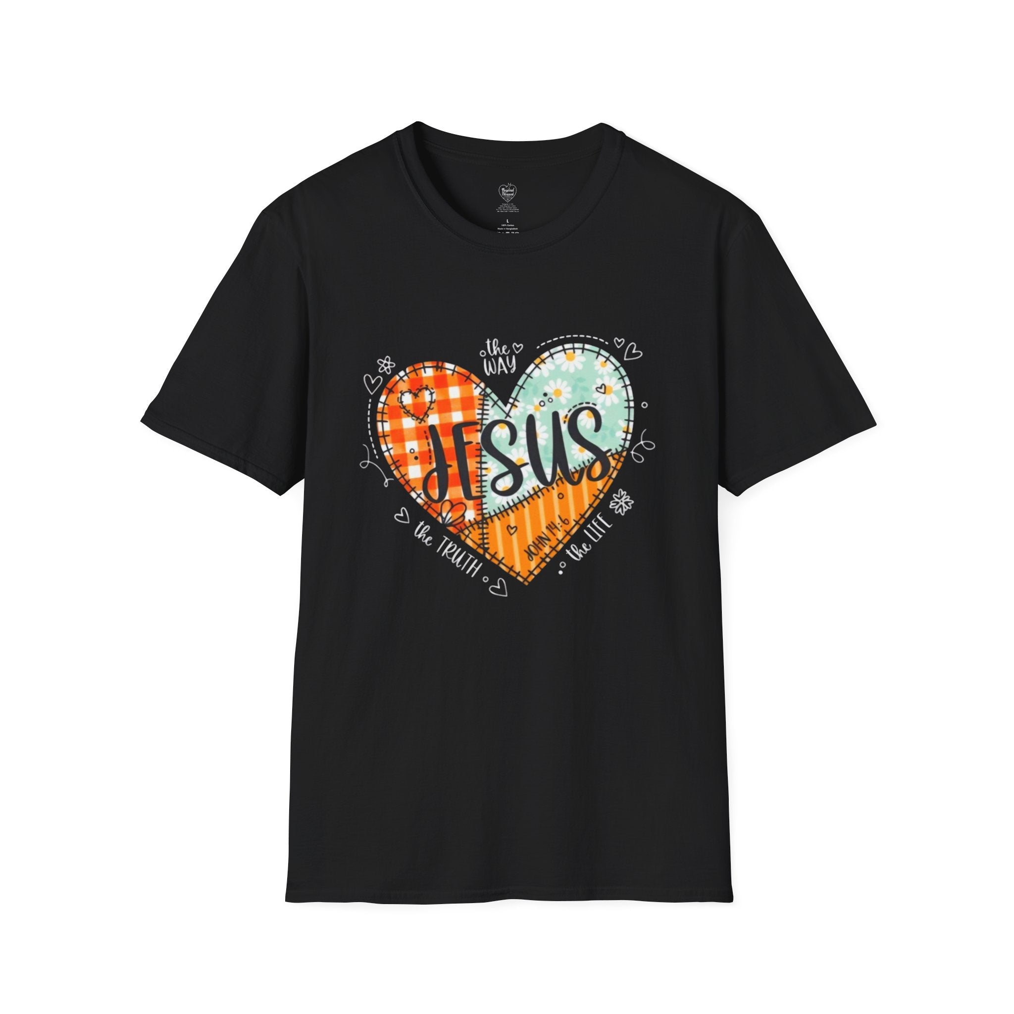Jesus "The Way, The Truth, The Life" Patchwork Heart T-Shirt Black