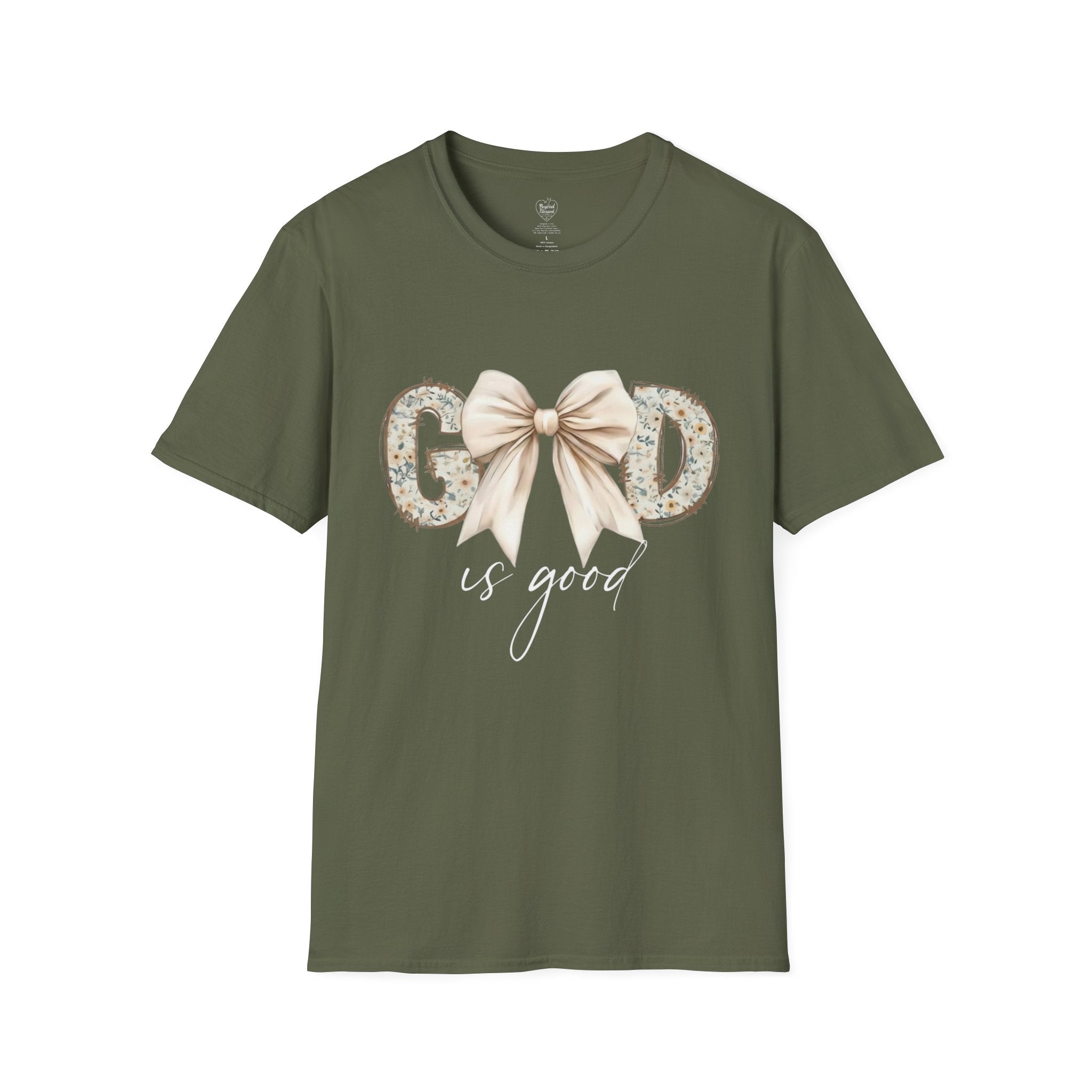 God Is Good Christian T‑Shirt – Floral Bow Faith Tee for Women Military Green