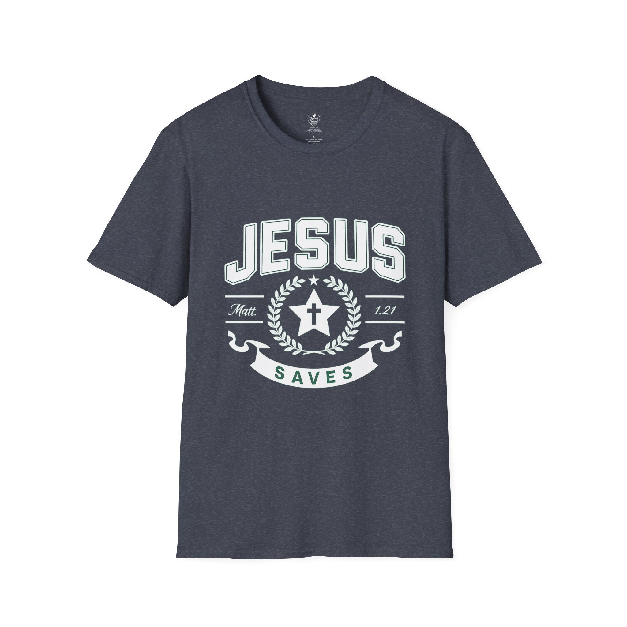 Jesus Saves Matthew 1:21 T-Shirt — Star & Cross Christian Tee Heather Navy