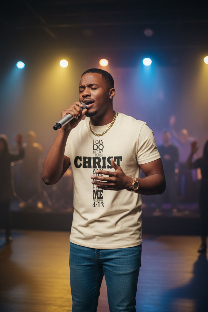 Cross Christian T‑Shirt – I Can Do All Things Through Christ Tee Natural