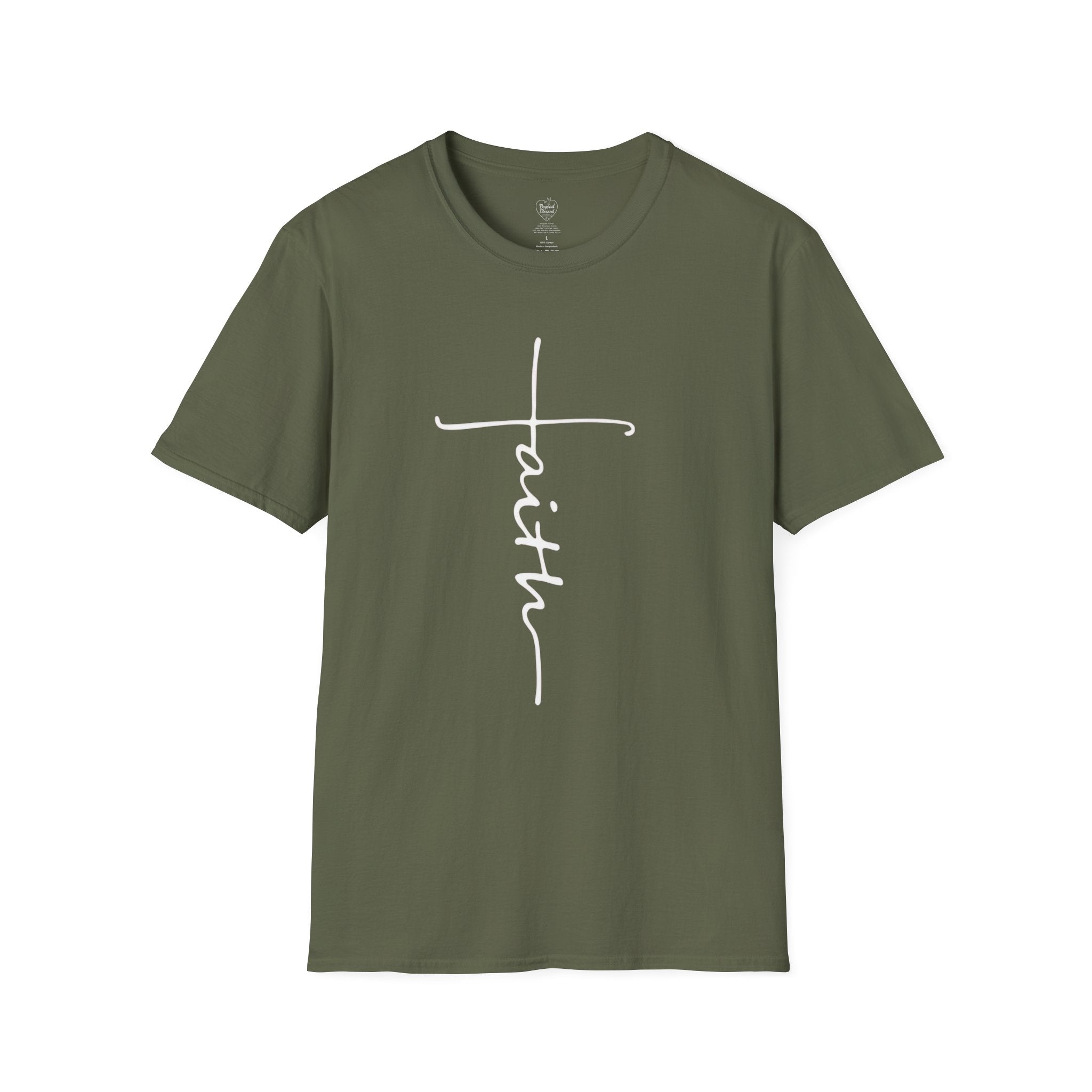 Cursive Faith Christian T‑Shirt – Minimalist Vertical Scripture Tee Military Green