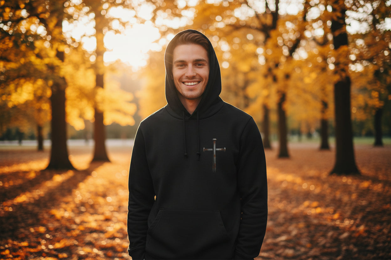 Faith Over Fear Hoodie Tee — Christian Cross Long Sleeve Hoodie Tee Black