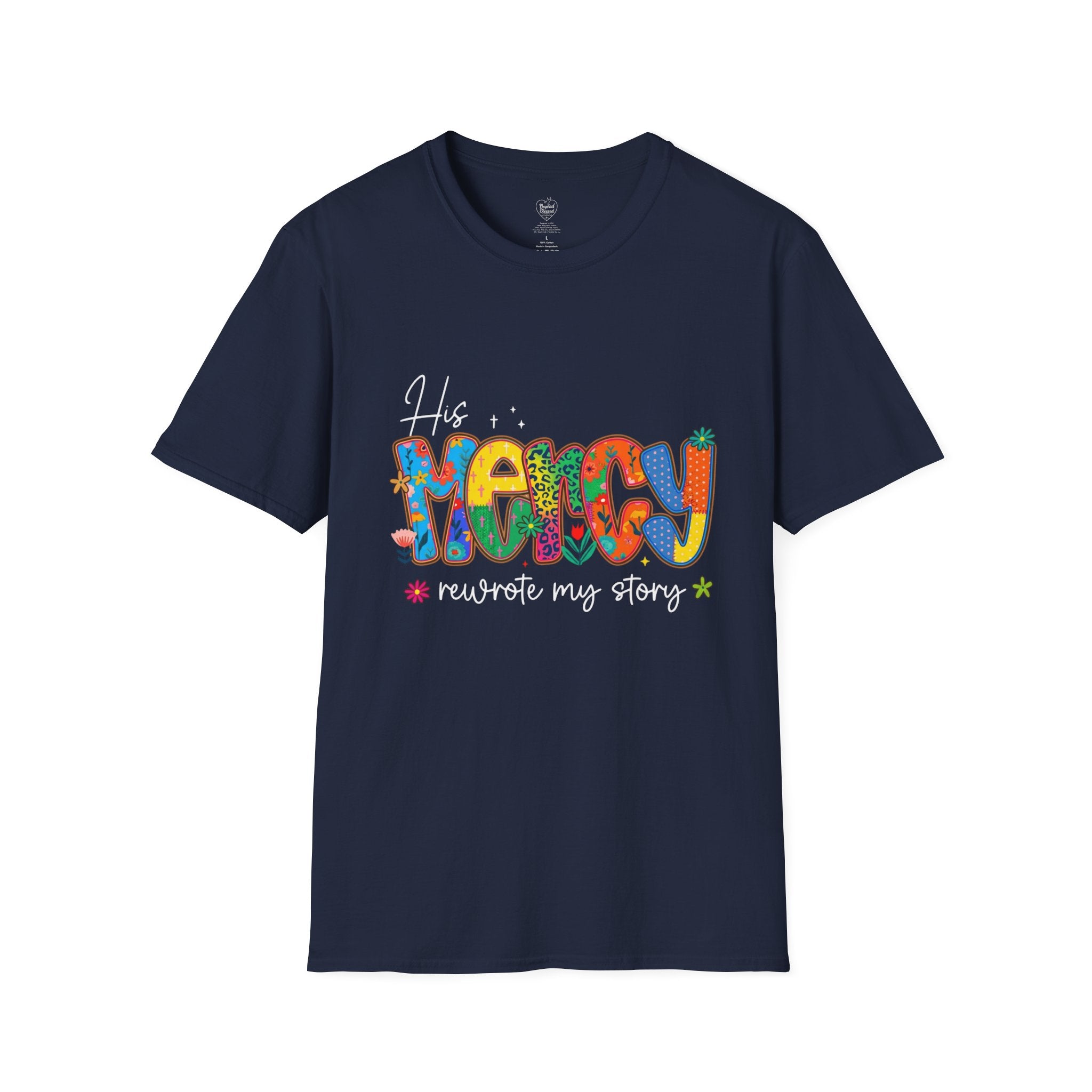 His Mercy Rewrote My Story T-Shirt — Christian Faith Tee Navy