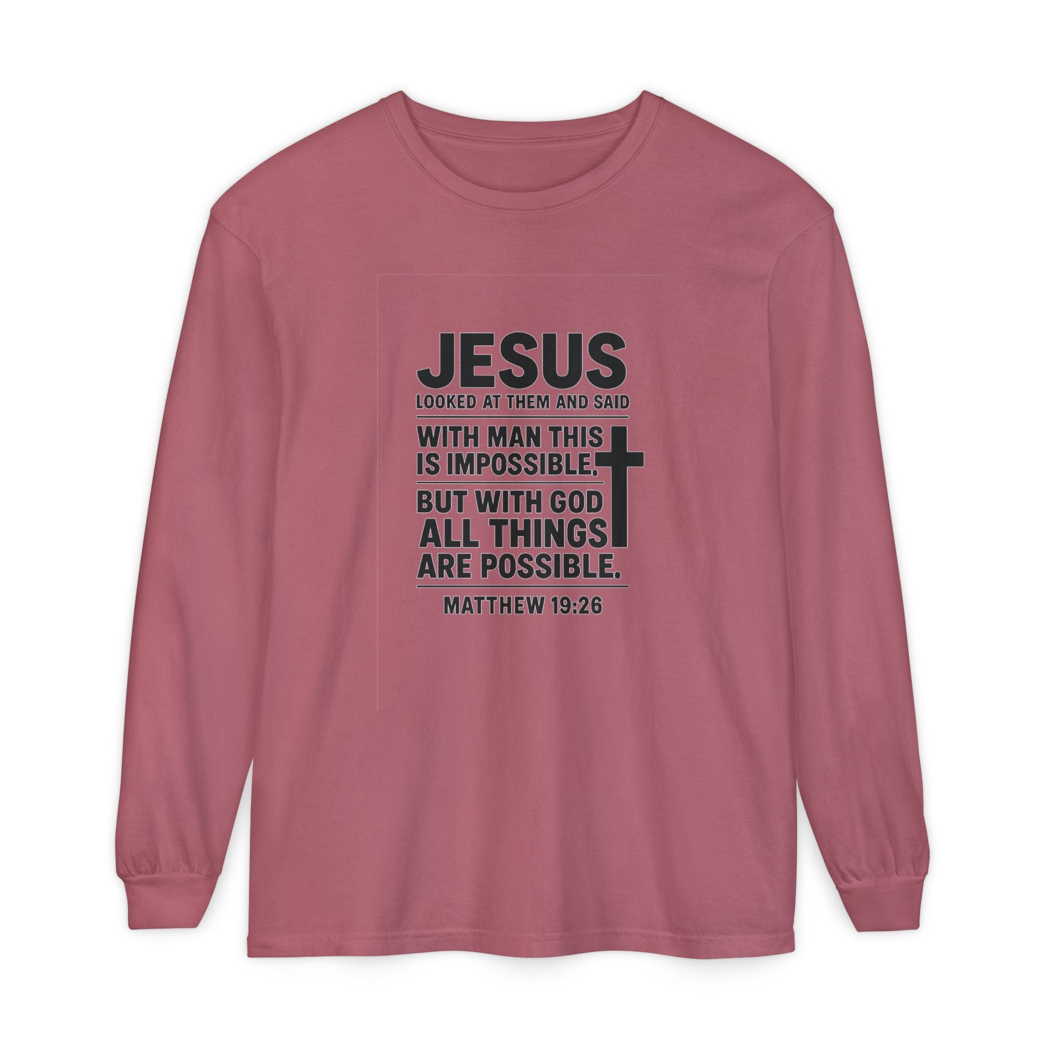 Christian Long Sleeve T-Shirt — "With God All Things Are Possible" (Matthew 19:26) Crimson