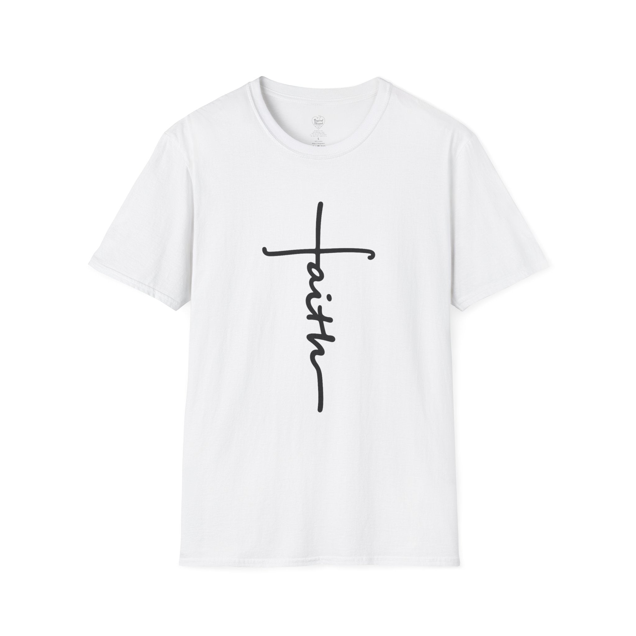 Cursive Faith Christian T‑Shirt – Minimalist Vertical Scripture Tee White