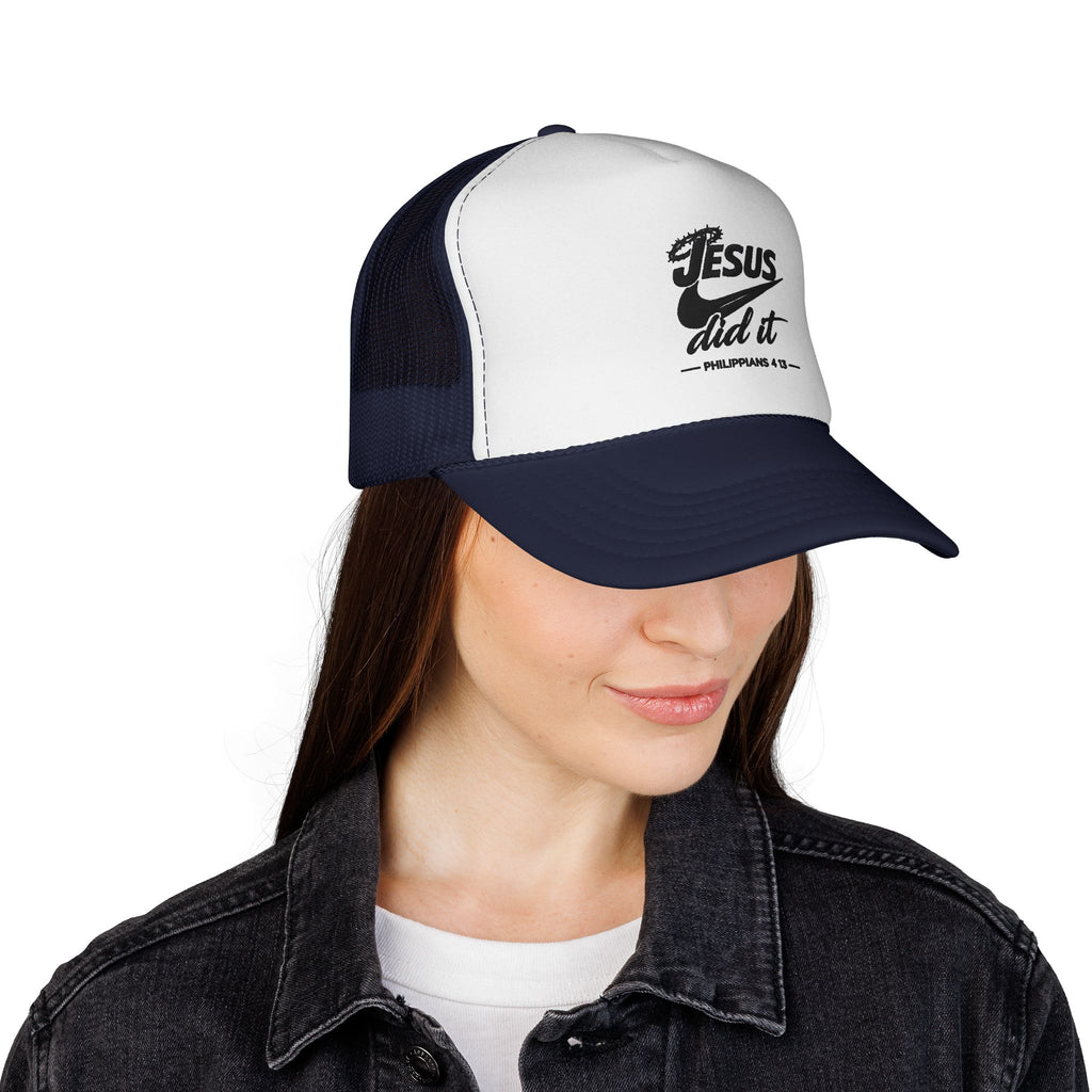 Jesus Did It Embroidered Trucker Cap — Christian Snapback Hat