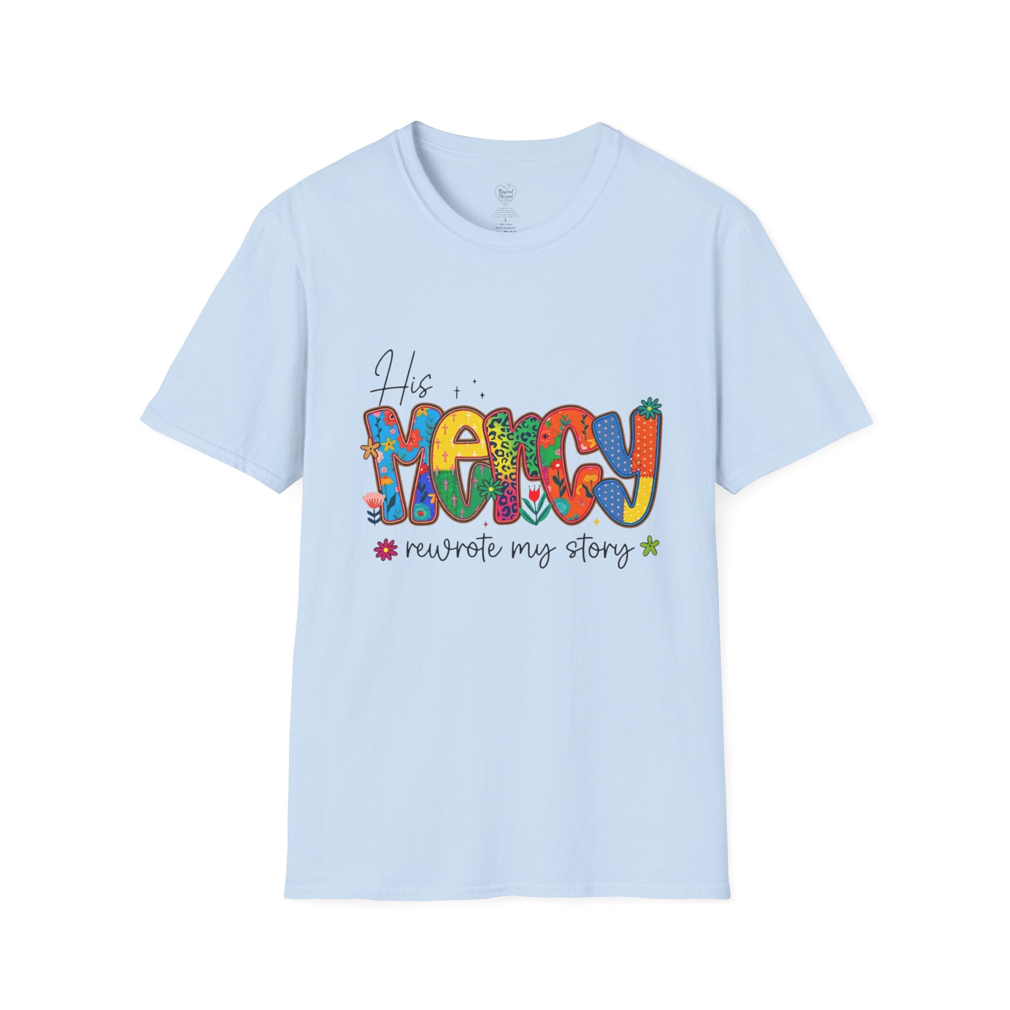His Mercy Rewrote My Story T-Shirt — Christian Faith Tee Light Blue