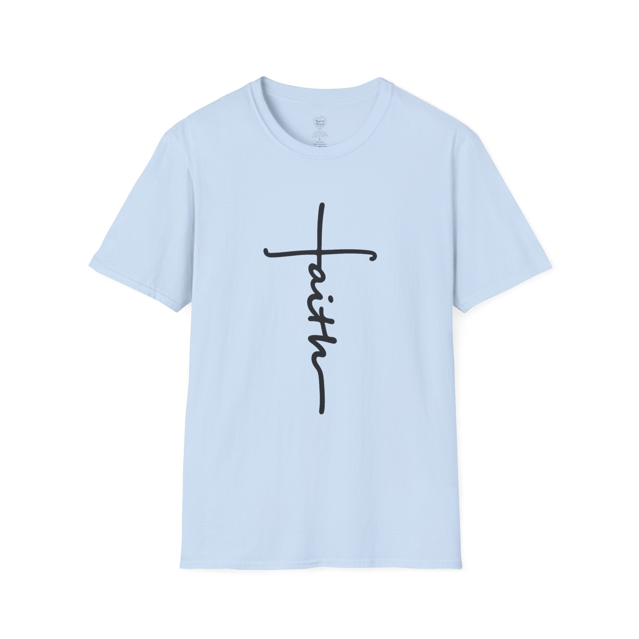 Cursive Faith Christian T‑Shirt – Minimalist Vertical Scripture Tee Light Blue