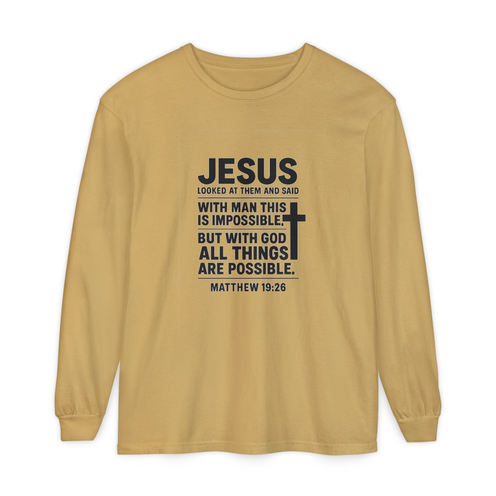 Christian Long Sleeve T-Shirt — "With God All Things Are Possible" (Matthew 19:26) Mustard