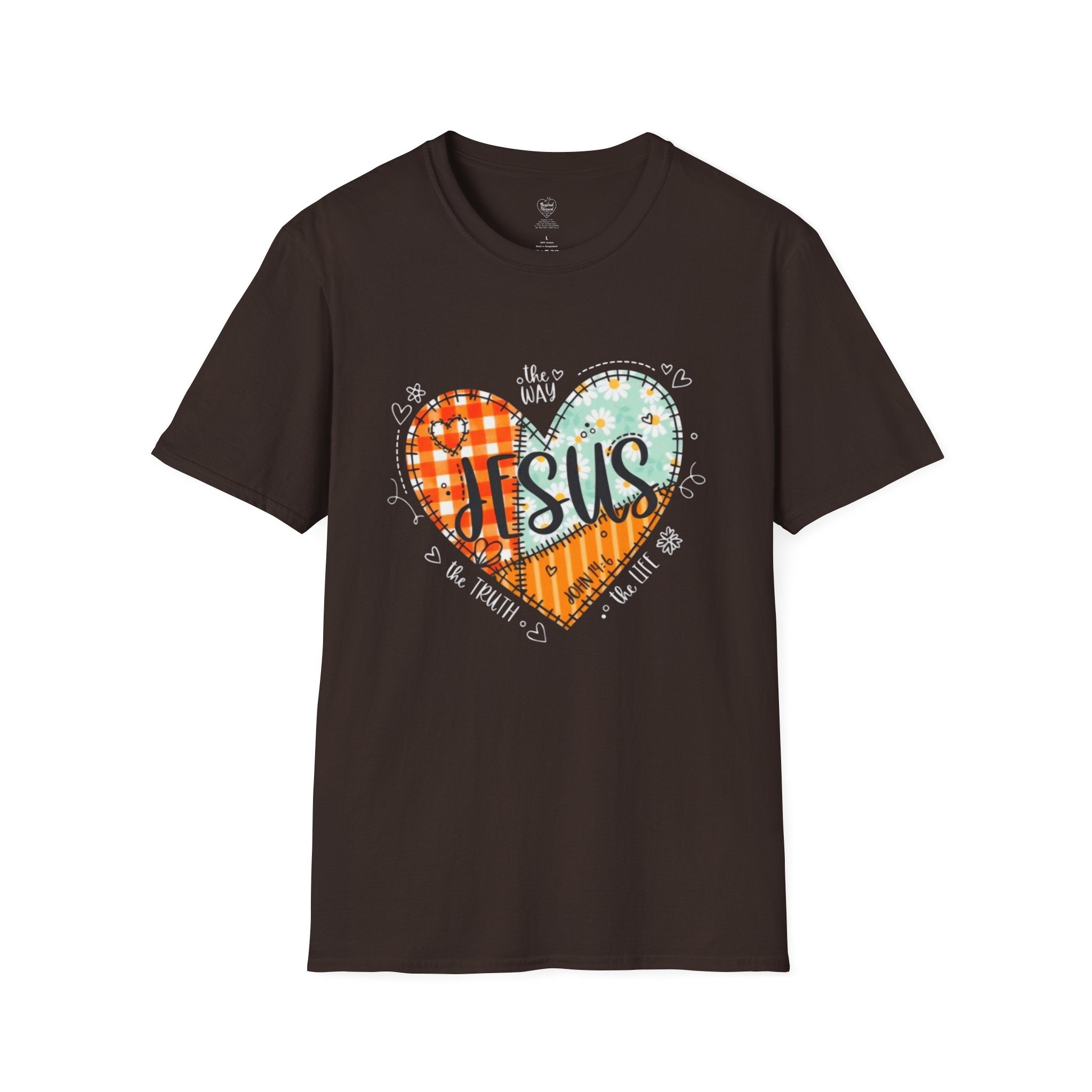 Jesus "The Way, The Truth, The Life" Patchwork Heart T-Shirt Dark Chocolate
