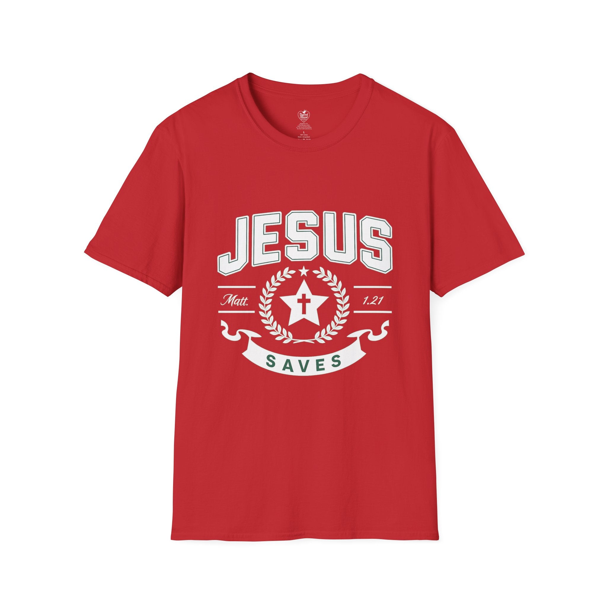 Jesus Saves Matthew 1:21 T-Shirt — Star & Cross Christian Tee Red