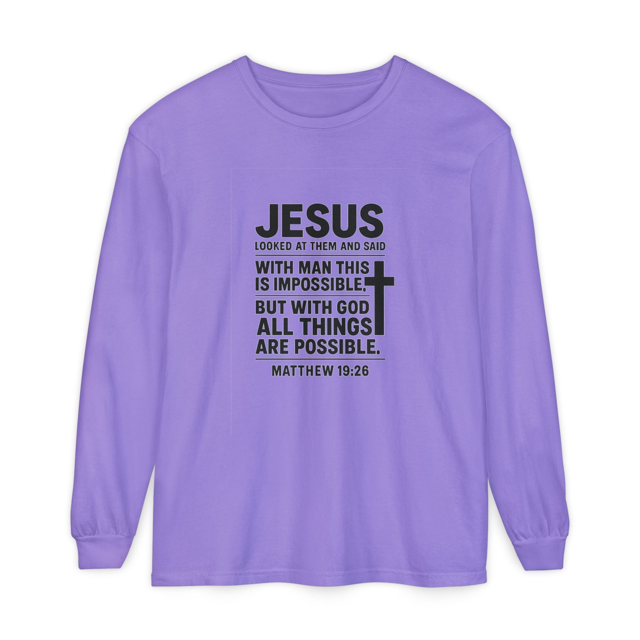 Christian Long Sleeve T-Shirt — "With God All Things Are Possible" (Matthew 19:26) Violet