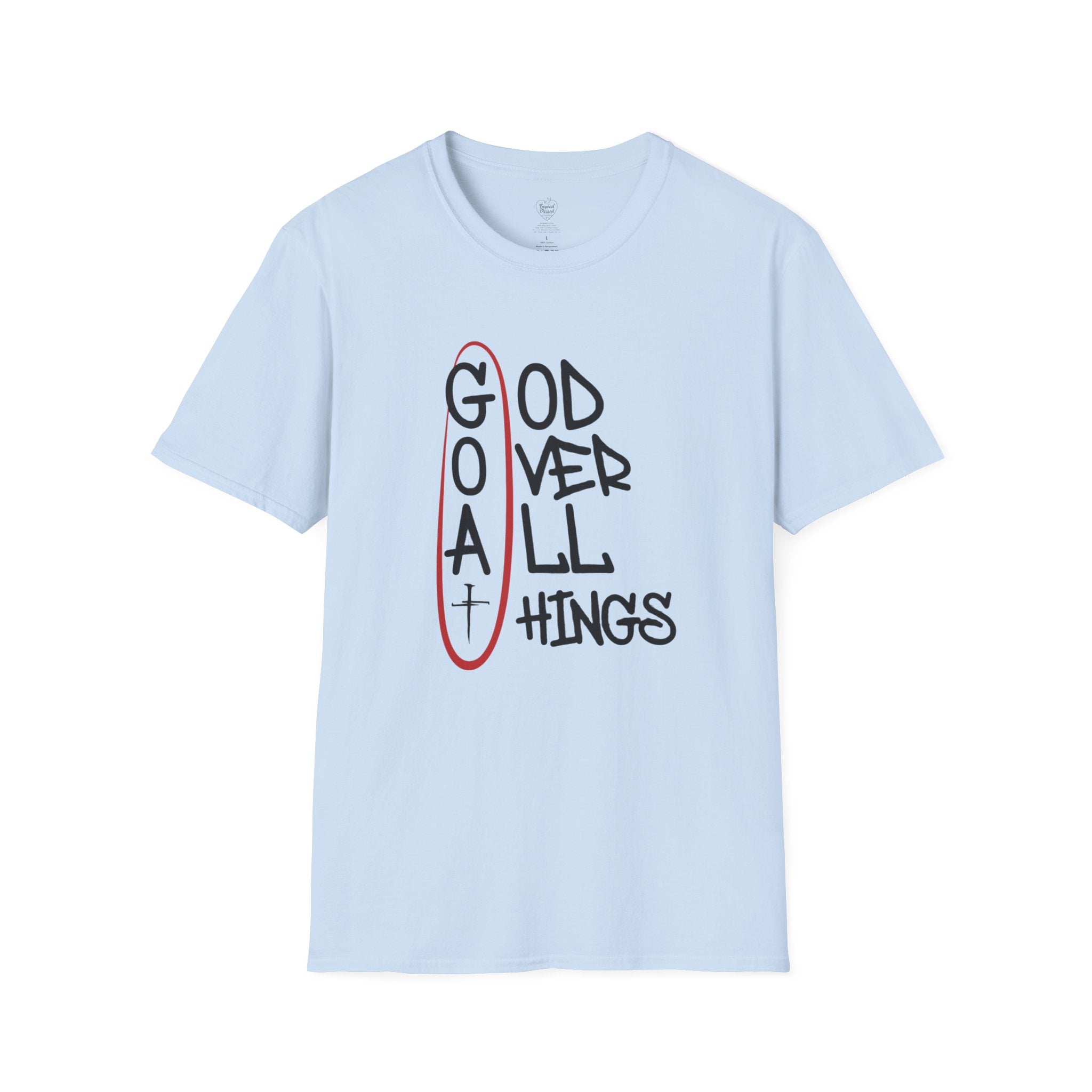 God Over All Things Christian T-Shirt — Goat Design 3 Light Blue