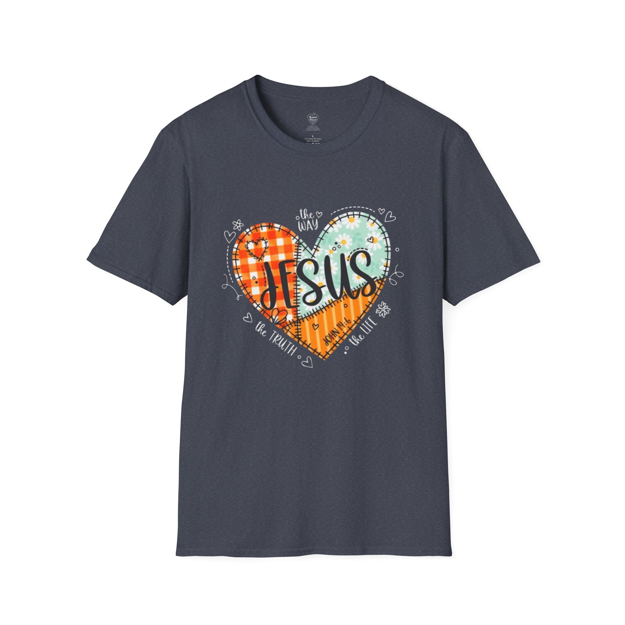 Jesus "The Way, The Truth, The Life" Patchwork Heart T-Shirt Heather Navy