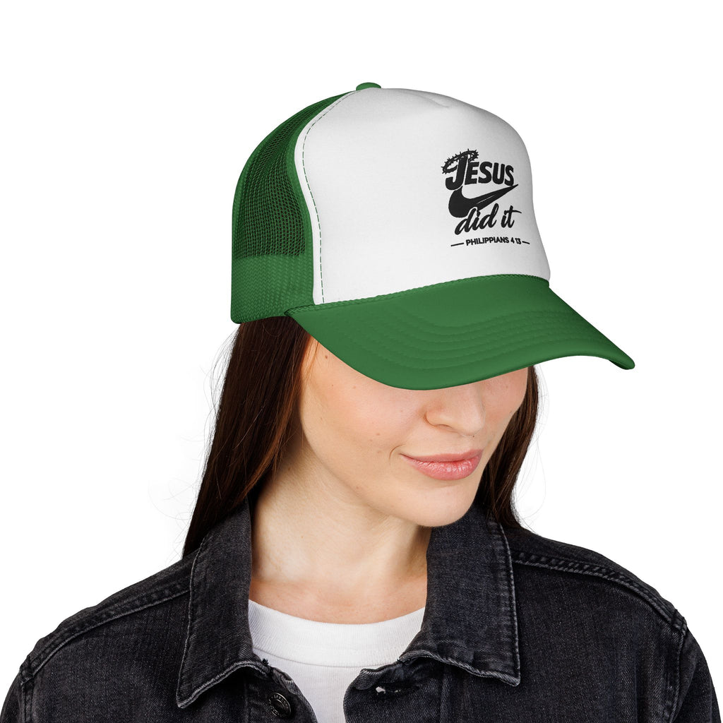 Jesus Did It Embroidered Trucker Cap — Christian Snapback Hat