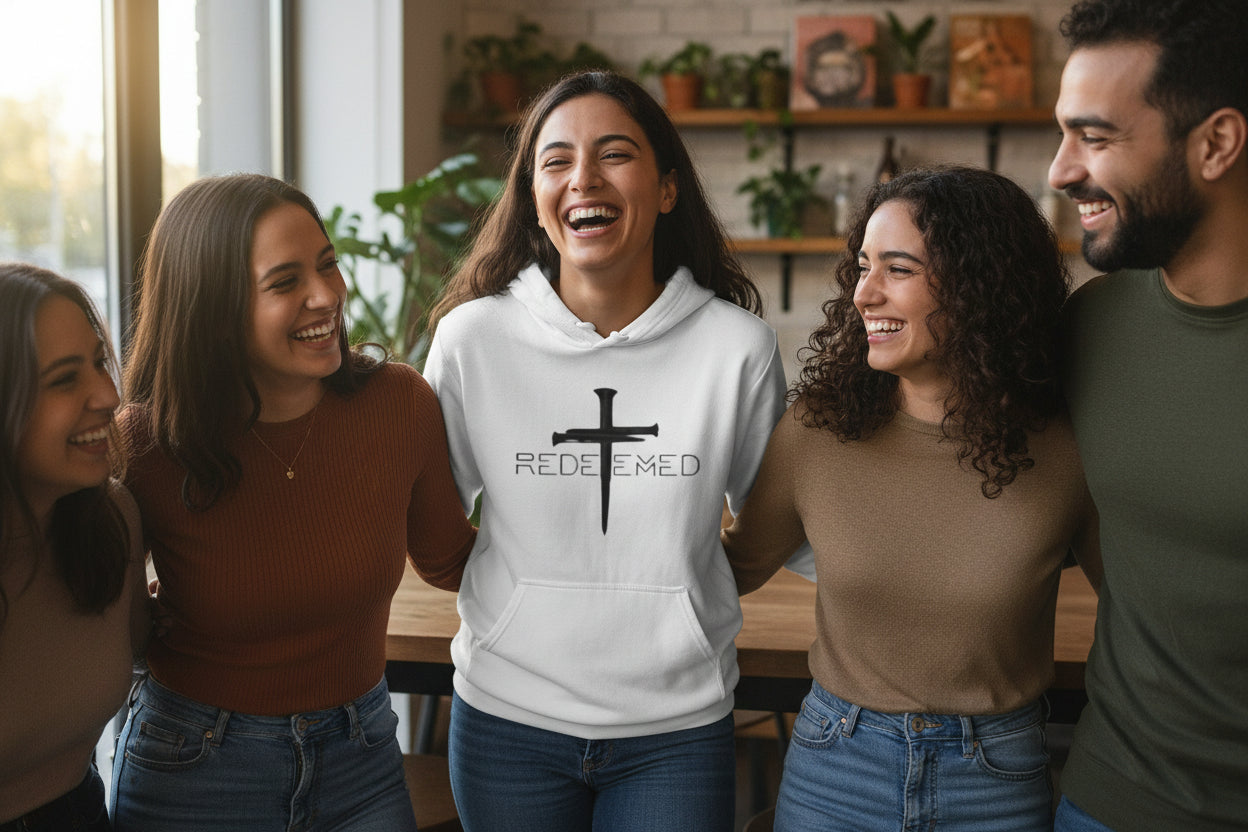Redeemed Cross Christian Hoodie — Jesus Faith Hooded Long Sleeve Tee White