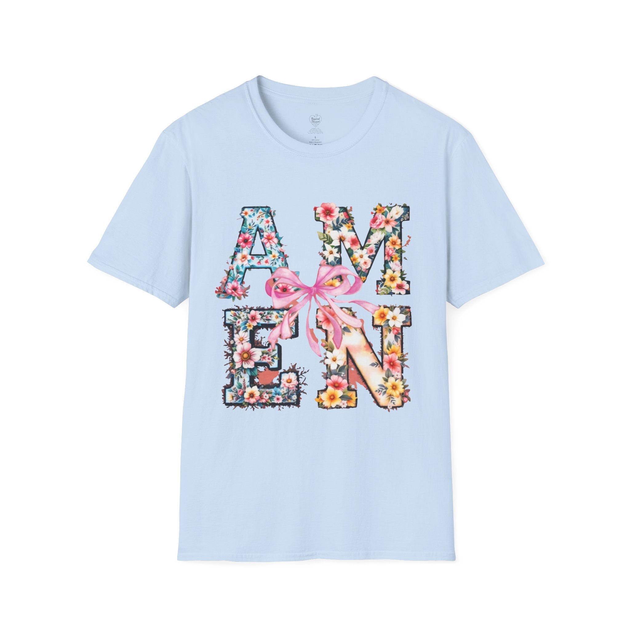 Amen Patchwork Flower Jesus T-Shirt Light Blue