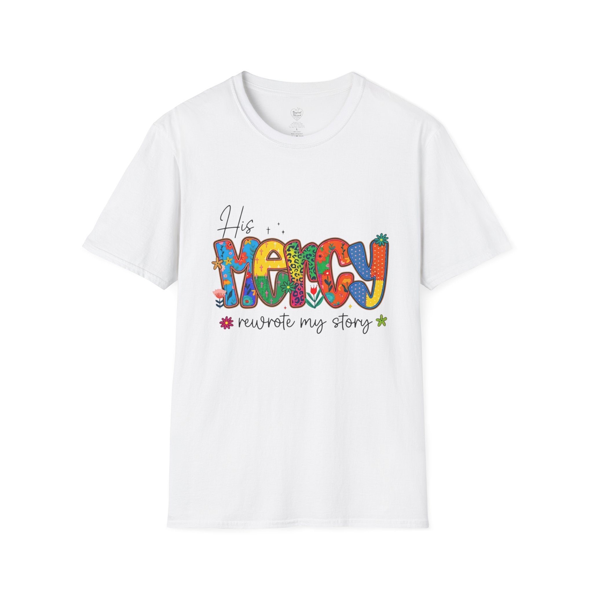 His Mercy Rewrote My Story T-Shirt — Christian Faith Tee White