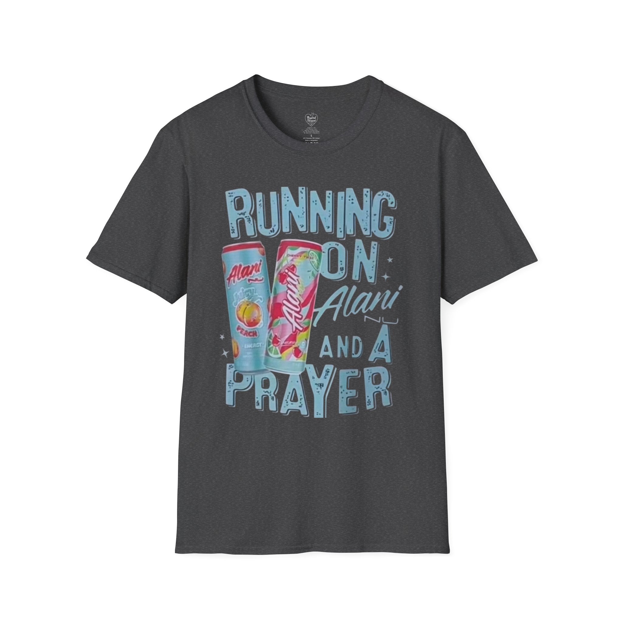 Christian T-Shirt — "Running on an Alani and a Prayer" Dark Heather
