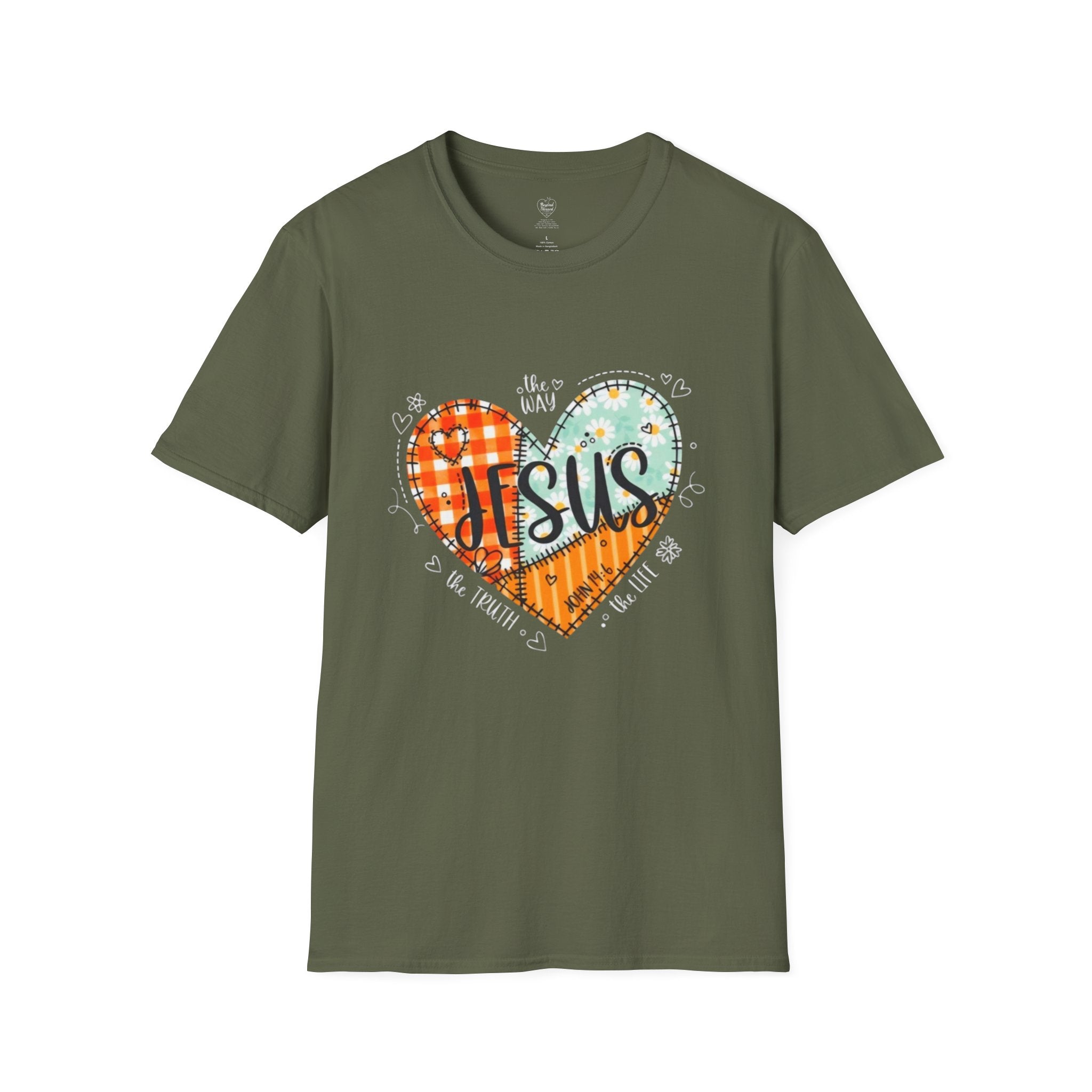 Jesus "The Way, The Truth, The Life" Patchwork Heart T-Shirt Military Green
