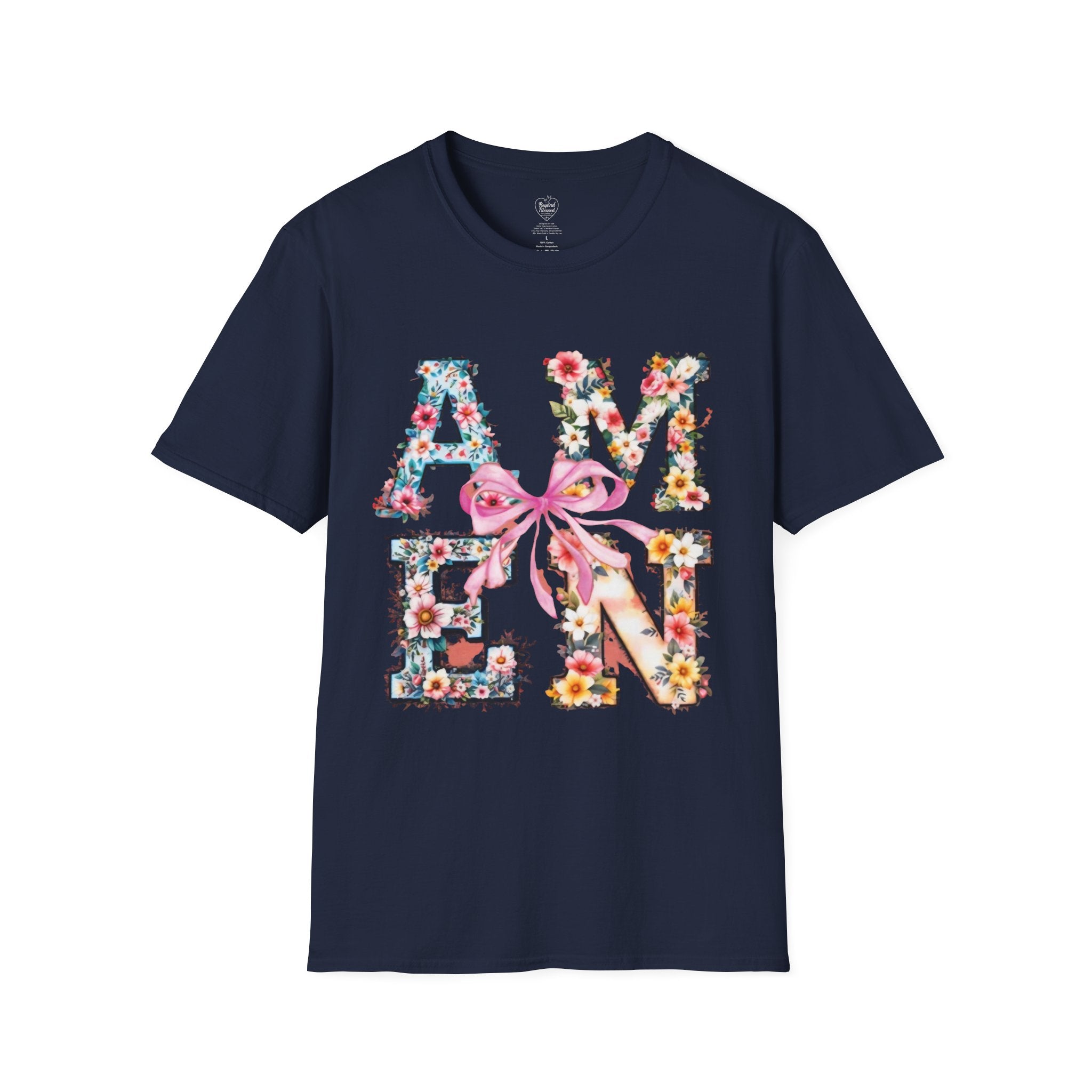 Amen Patchwork Flower Jesus T-Shirt Navy