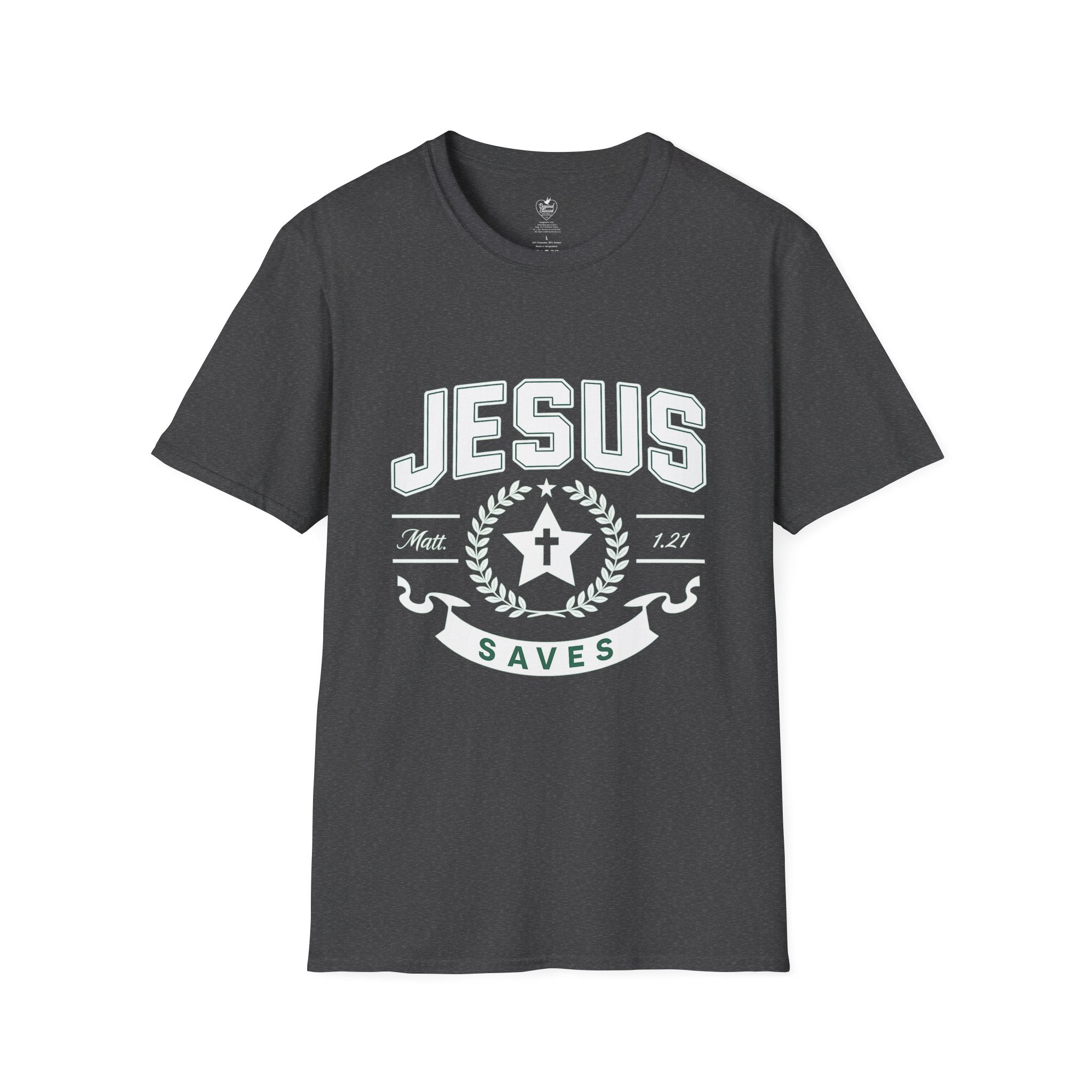 Jesus Saves Matthew 1:21 T-Shirt — Star & Cross Christian Tee Dark Heather