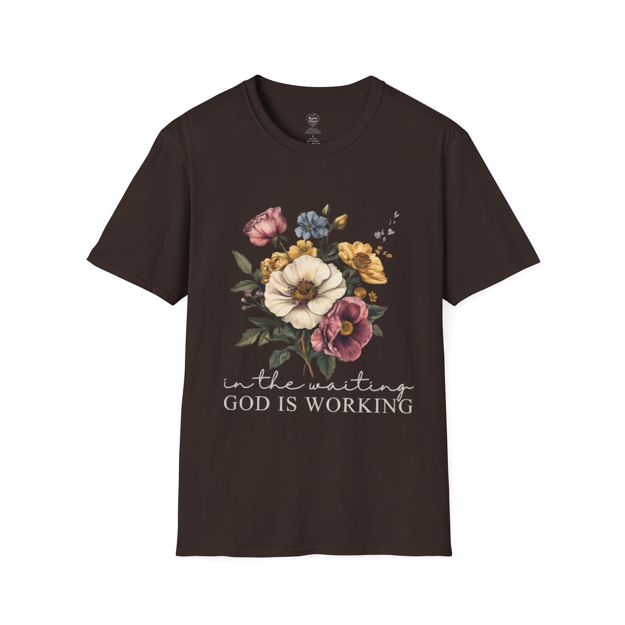 Christian T-Shirt — In the Waiting: God Is Working Dark Chocolate
