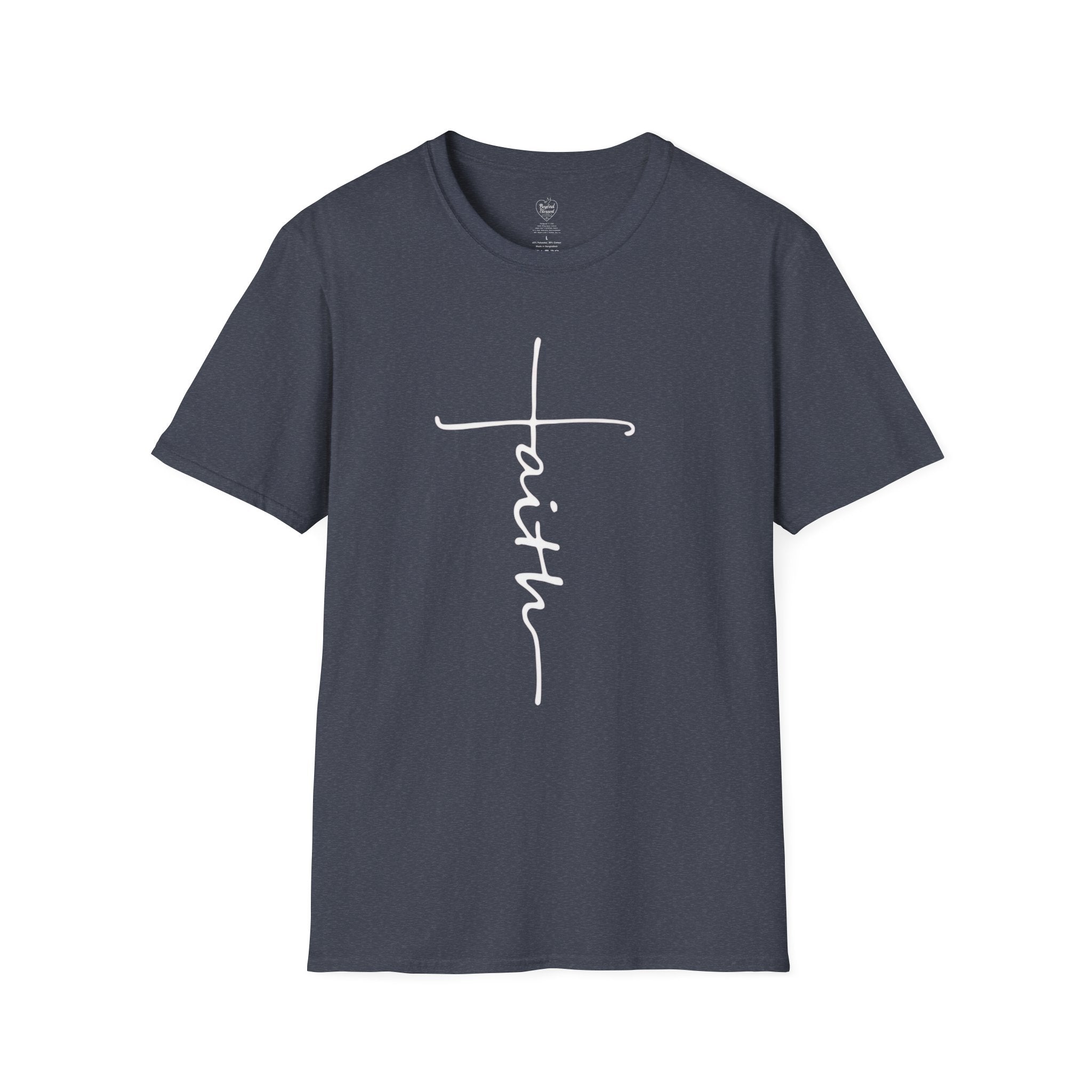 Cursive Faith Christian T‑Shirt – Minimalist Vertical Scripture Tee Heather Navy