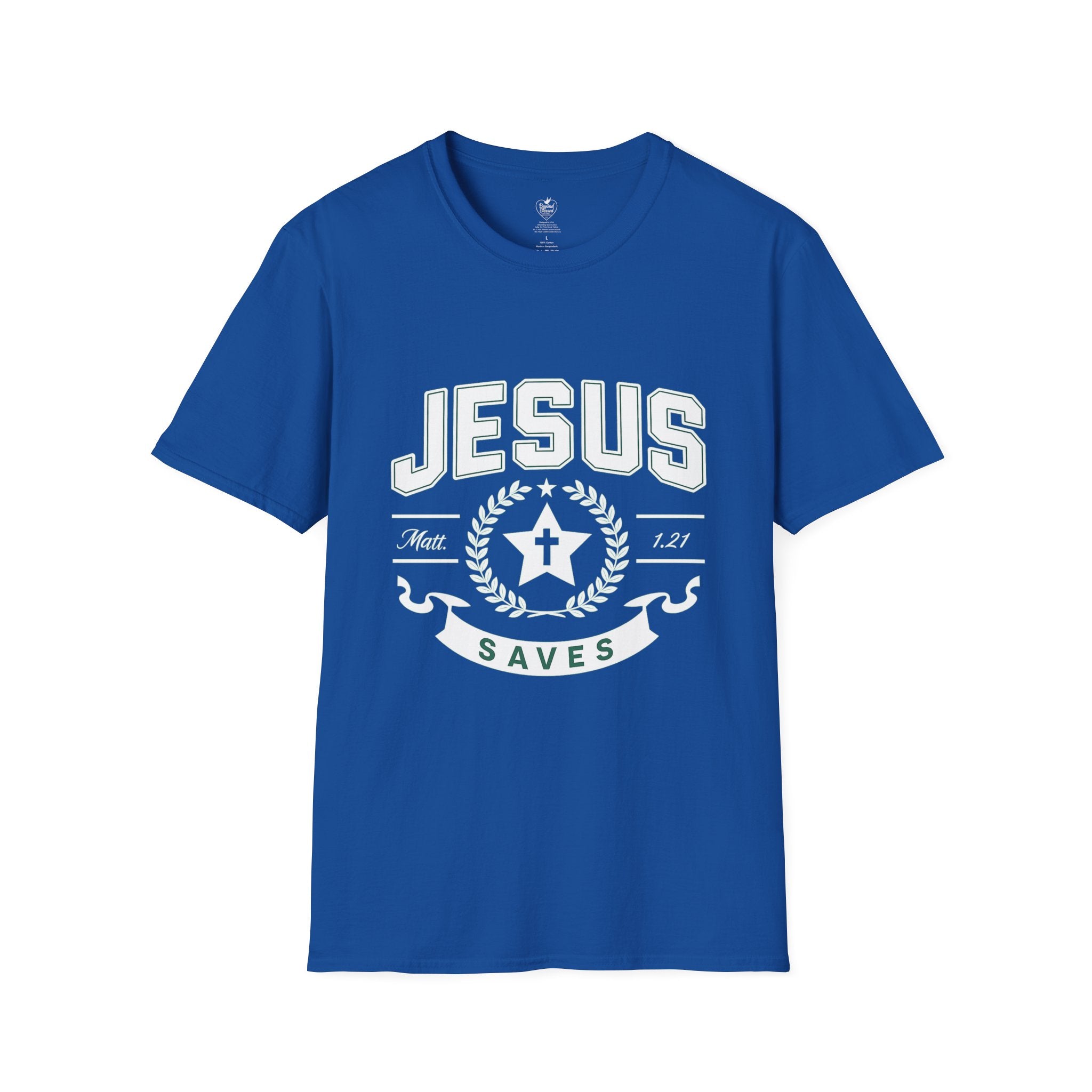 Jesus Saves Matthew 1:21 T-Shirt — Star & Cross Christian Tee Royal