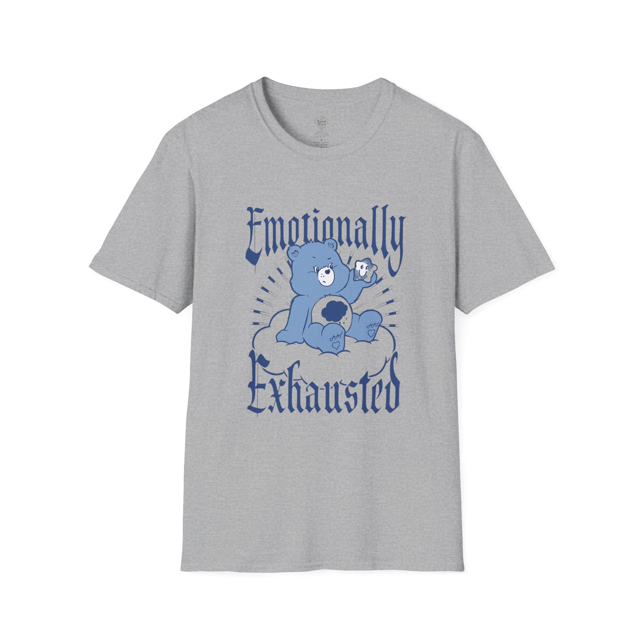 Emotionally Exhausted T-Shirt — Cute Blue Bear Graphic Tee Sport Grey