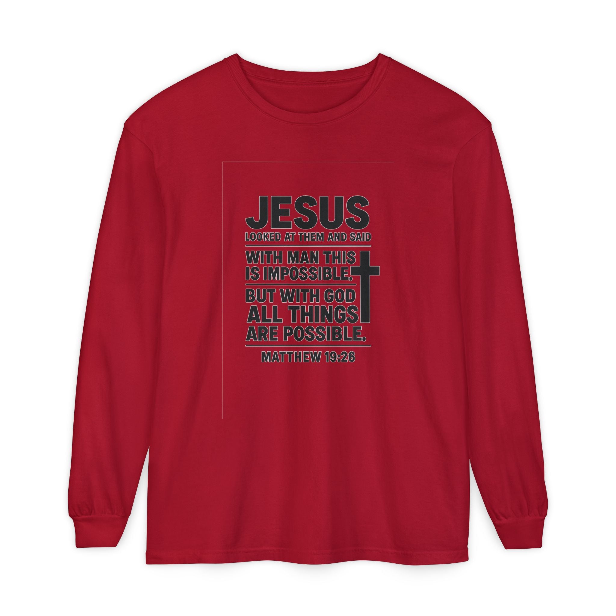 Christian Long Sleeve T-Shirt — "With God All Things Are Possible" (Matthew 19:26) Red