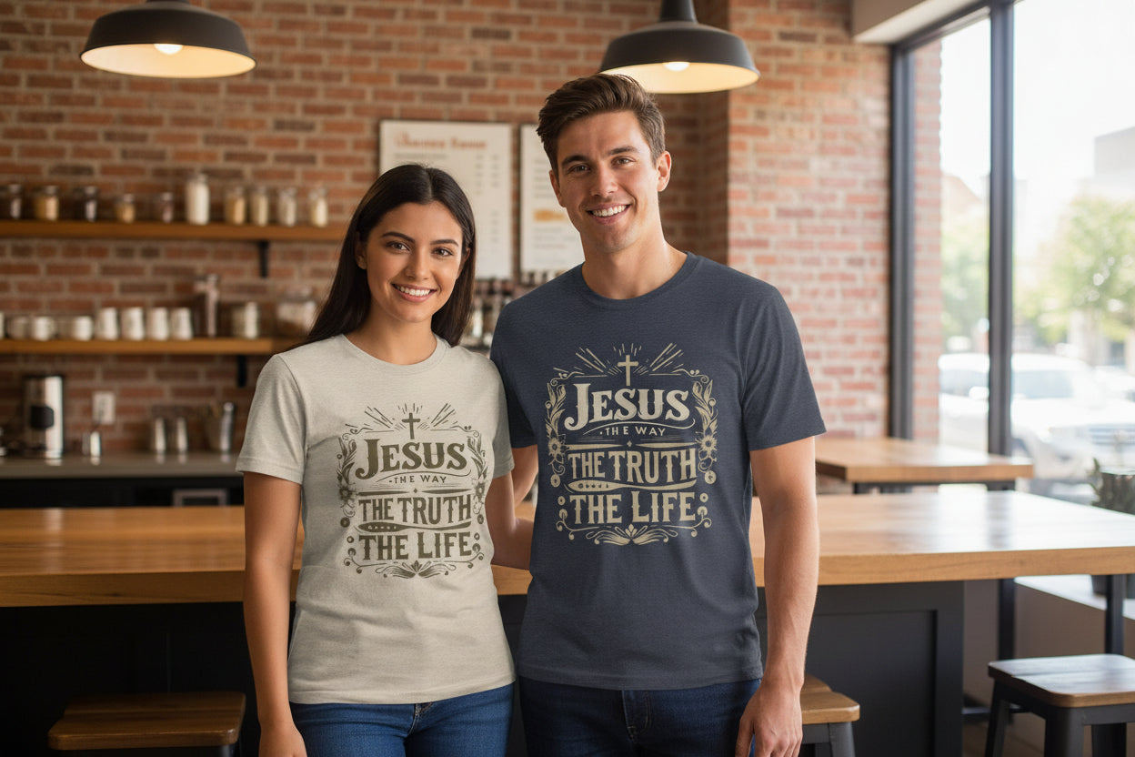 Christian T-Shirt — "Jesus the Way the Truth the Life" Faith Tee Heather Navy
