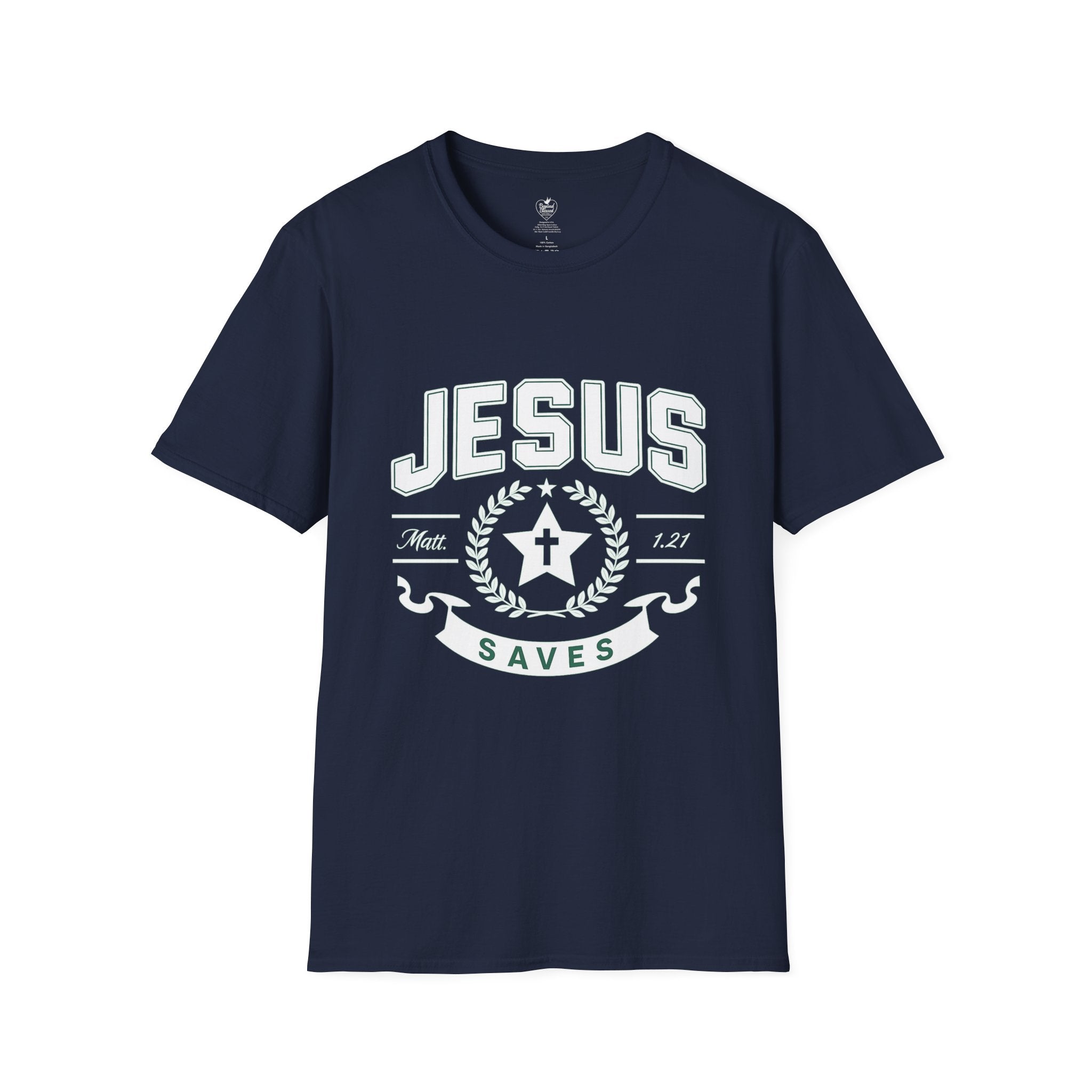 Jesus Saves Matthew 1:21 T-Shirt — Star & Cross Christian Tee Navy
