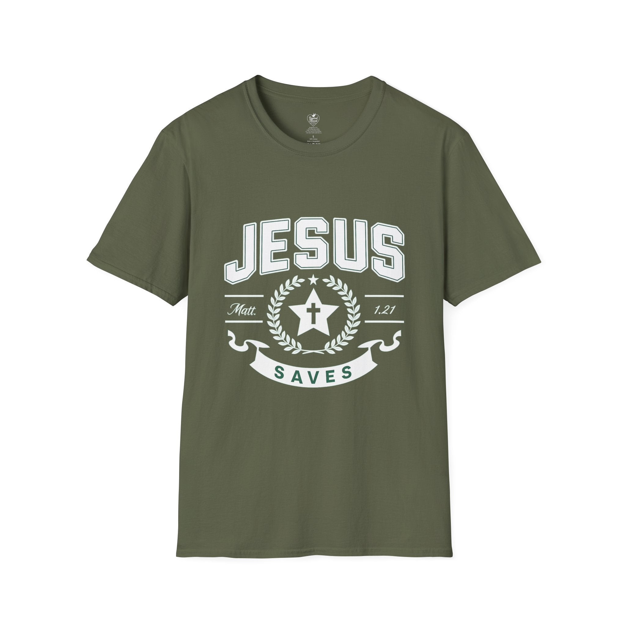 Jesus Saves Matthew 1:21 T-Shirt — Star & Cross Christian Tee Military Green