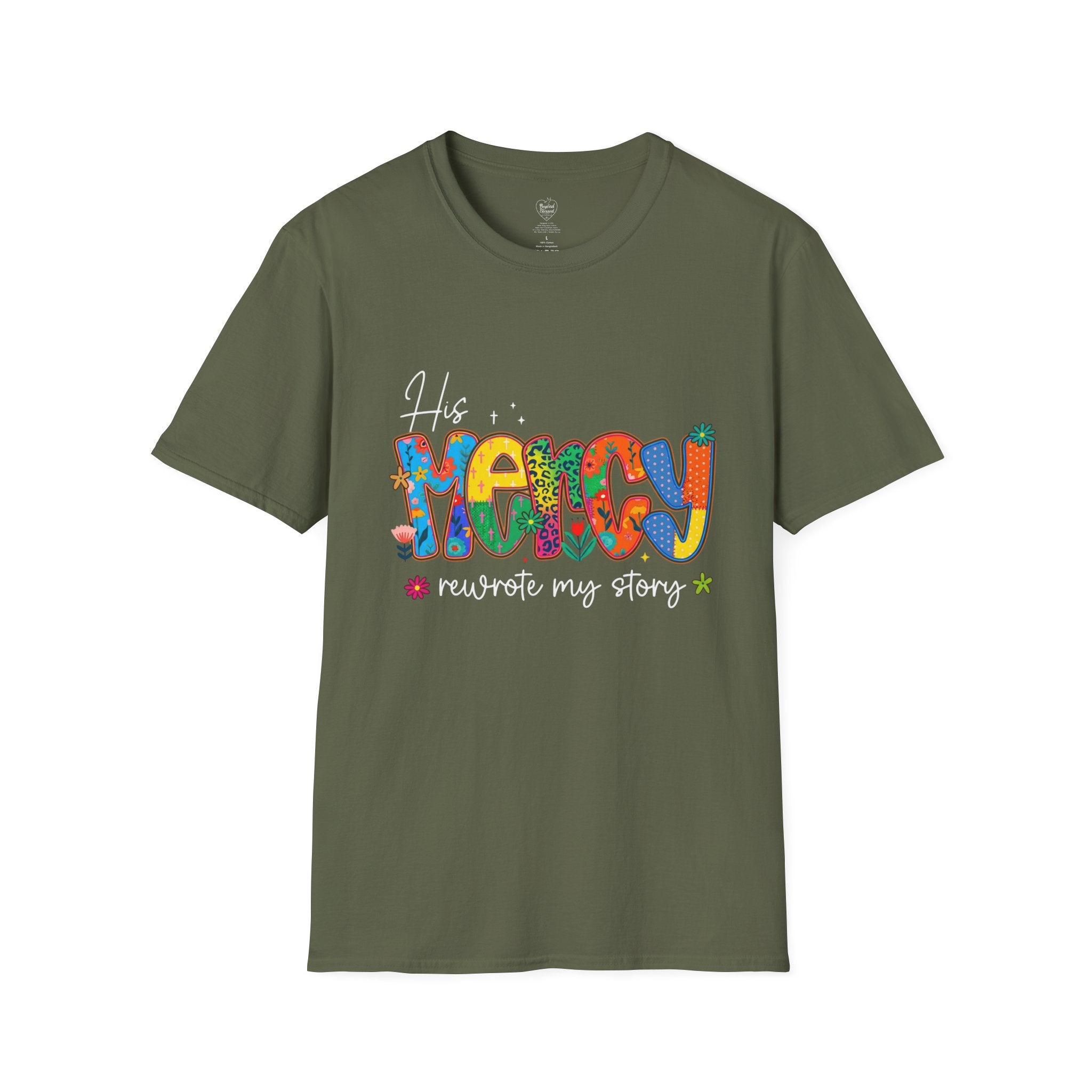 His Mercy Rewrote My Story T-Shirt — Christian Faith Tee Military Green