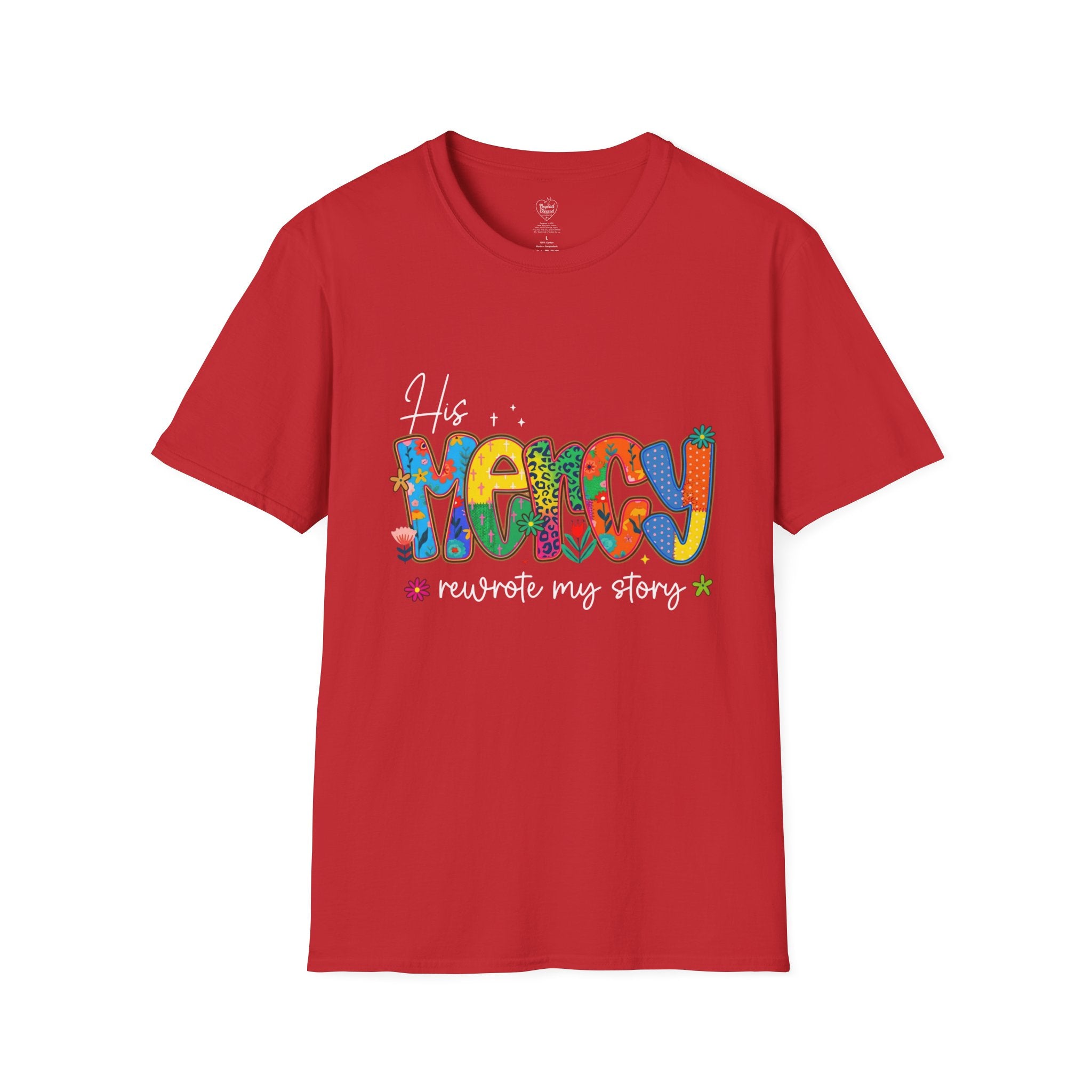 His Mercy Rewrote My Story T-Shirt — Christian Faith Tee Red