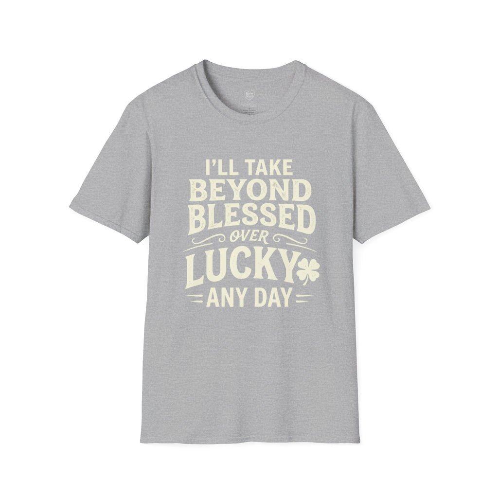 Green t-shirt with white text on a white background