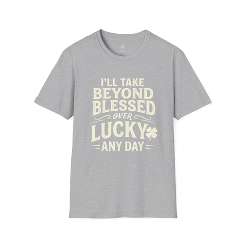 Green t-shirt with white text on a white background
